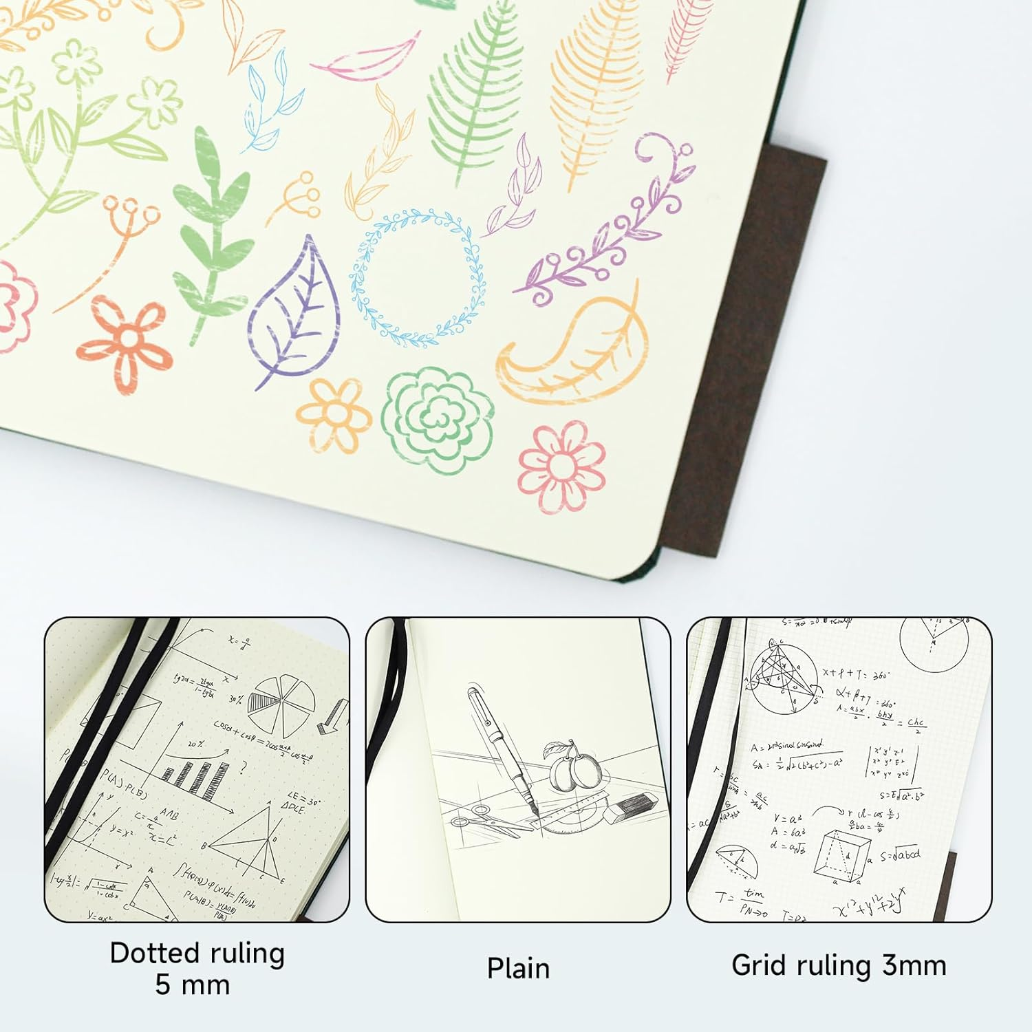 TUNJILOOL A6 Leather Journal Notebook - 2Pack Dotted/Grid/Blank Pages, 100GSM Thick Paper, Water-Resistant Cover, Elastic Closure & Inner Pocket (Black) image number 7