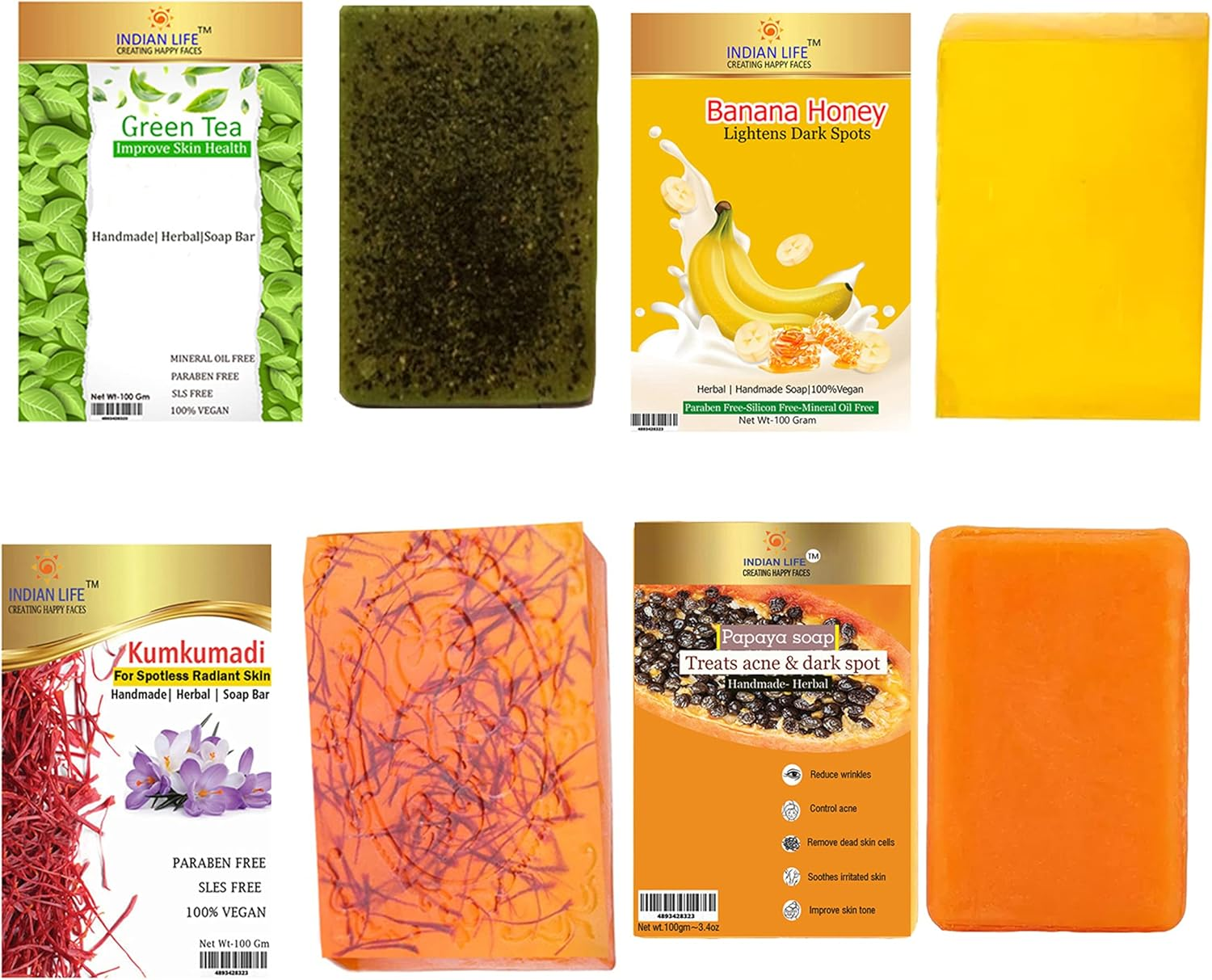 Luxurious Handmade Soap for Bridal Grooming Green Tea-Banana-Kumkumadi- Papaya Paraben Free|Sls Free| Mineral Oil Free(Pack of 4) 100 Gm Each image number 6