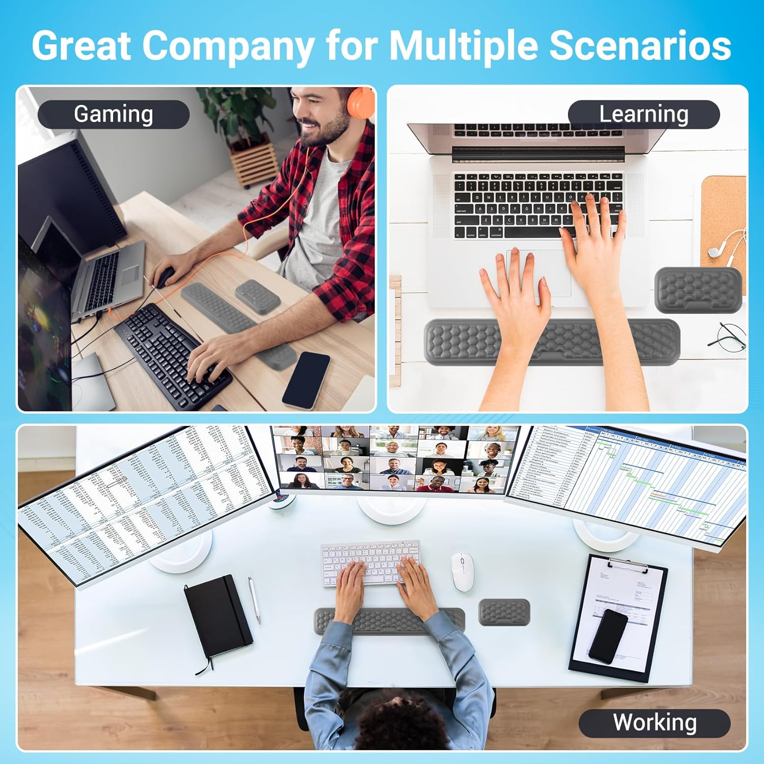 Hcskoss Keyboard Mat Set - Keyboard Wrist Rest Elbow Rest Pad Keyboard Mat Ergonomic Keyboard Mouse Pad with Wrist Support,Soft Memory Foam & Anti-Slip Base & Pain Relief for Office,Computer Gaming image number 3