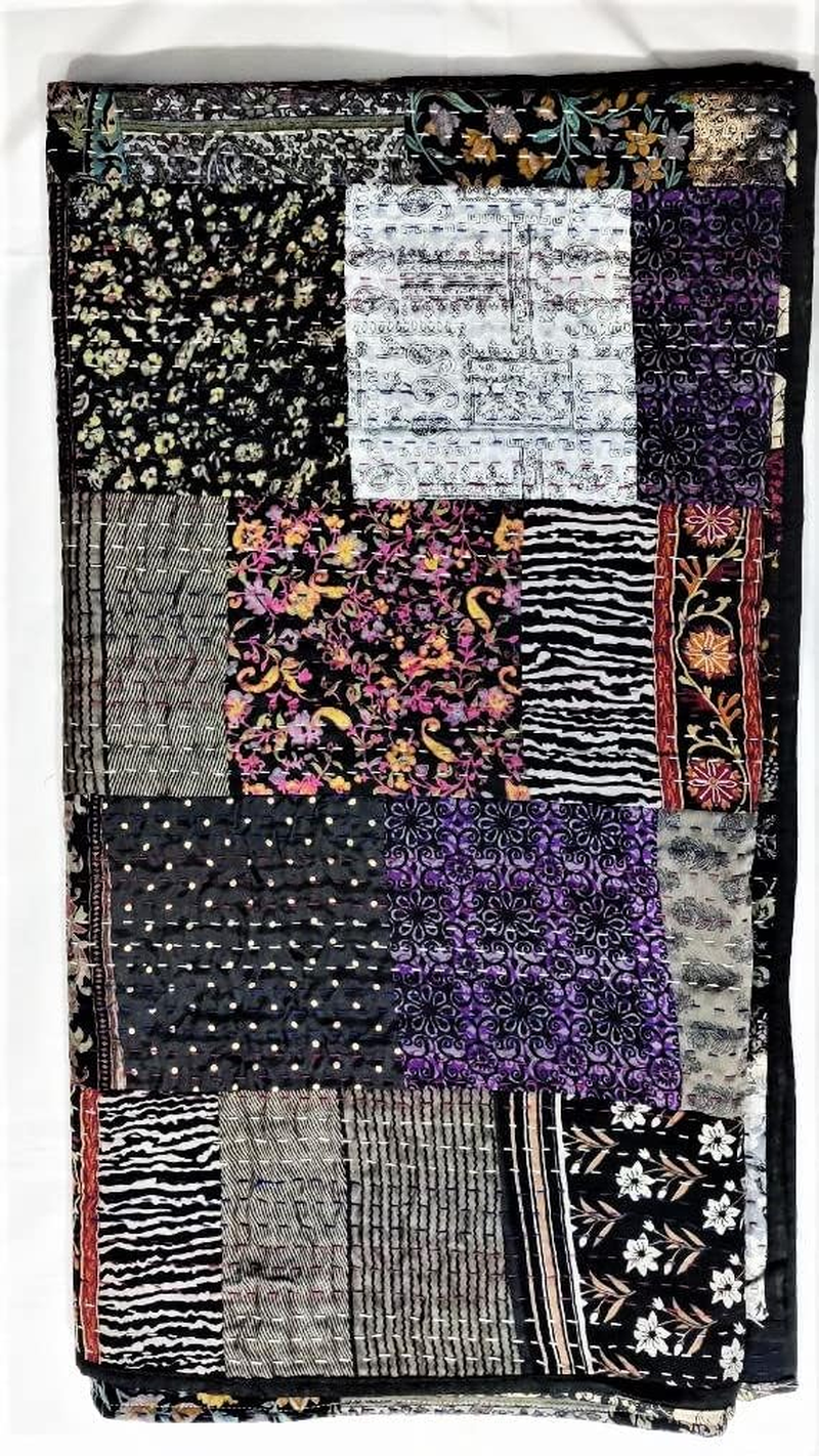 Indian Quilt -Vintage Quilt Old Patola Indian Silk Sari Kantha Quilted Patchwork Bedspread Bohemian Kantha Throws Silk Patola Quilt, Bed Cover,Size 90" X 108" (Multi)