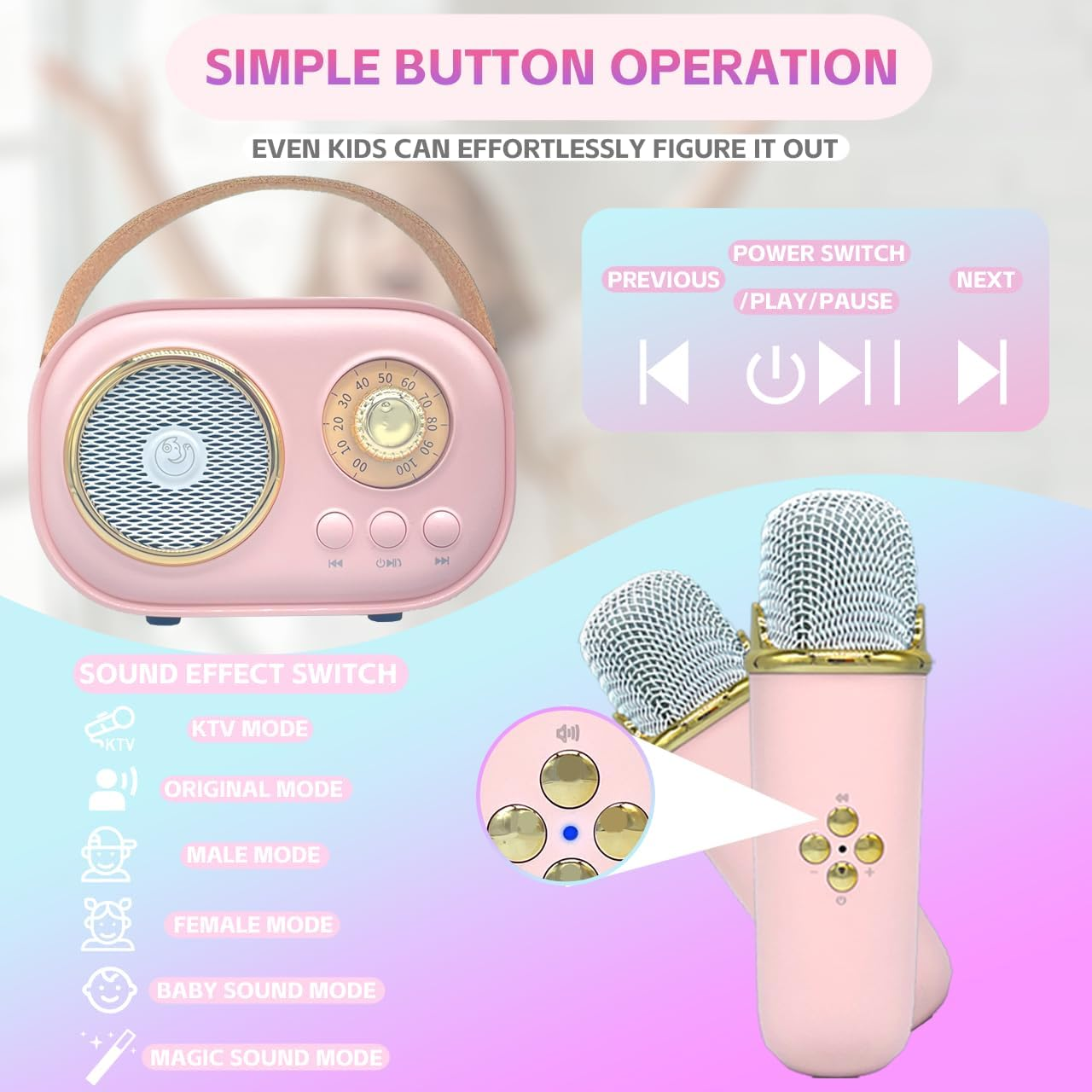 Portable Karaoke Machine for Kids and Adults, Bluetooth Speaker with 2 Wireless Microphones, Fun Gifts for Girls Aged 3-8+ Years, Perfect for Family Parties, Home, Travel, and Birthday image number 5
