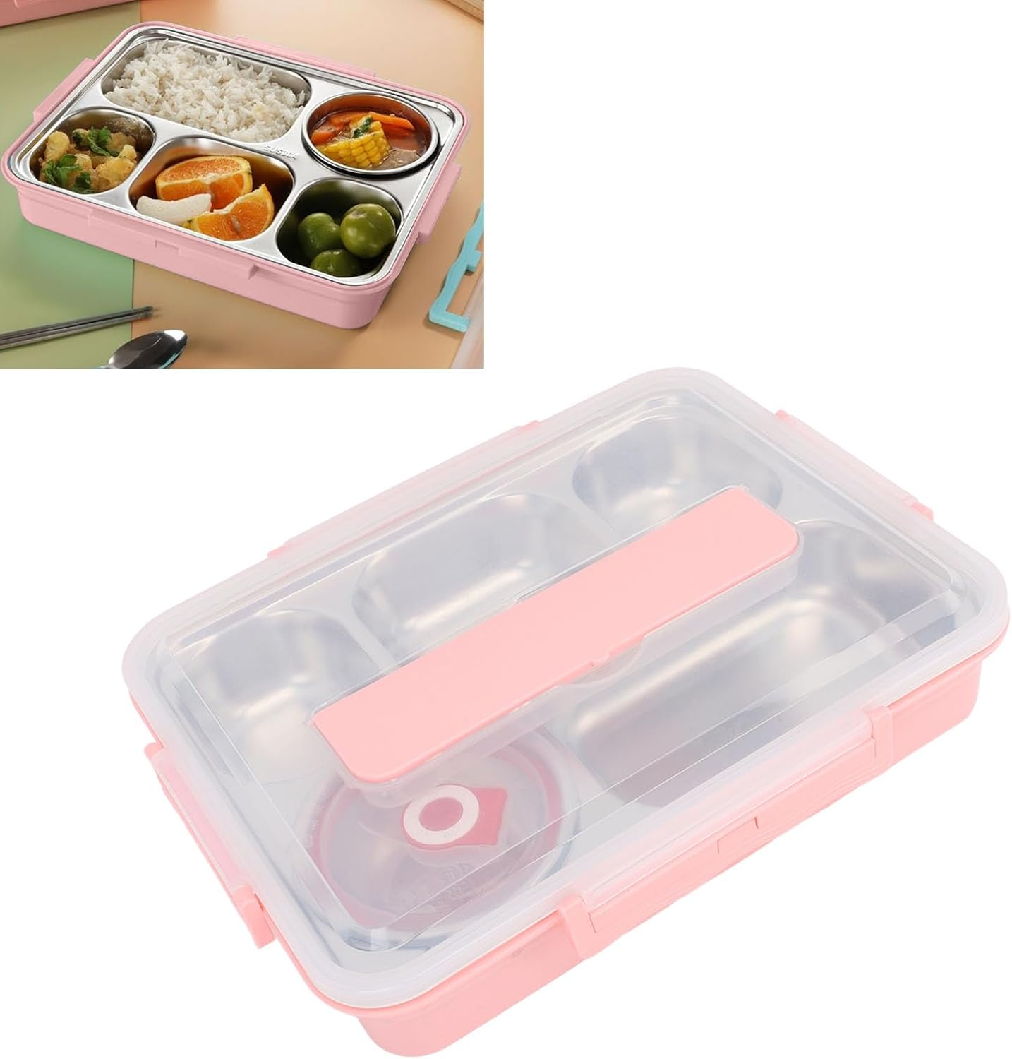 Gernie Feminine Practical Stainless Steel Lunch Box, 5 Compartments with Lid, Chopsticks, Spoon, Soup Bowl, Reusable Lunch Container, Portion Control Divided Dinner Tray for School, Office image number 6