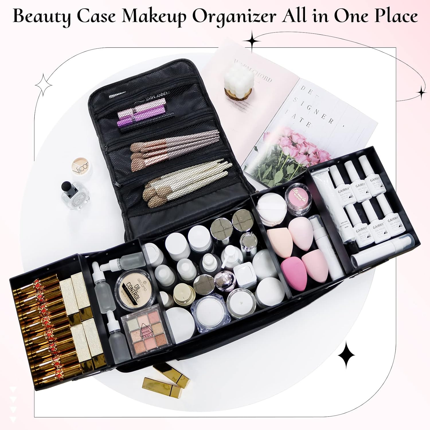 Feibrand Makeup Organiser Box Vanity Cases: Professional Cosmetic Boxes - Large Travel Make up Bag Storage Nail Art Kit Beauty Cases - Black Cosmetics Bags Organizer Set for Girls & Women image number 5