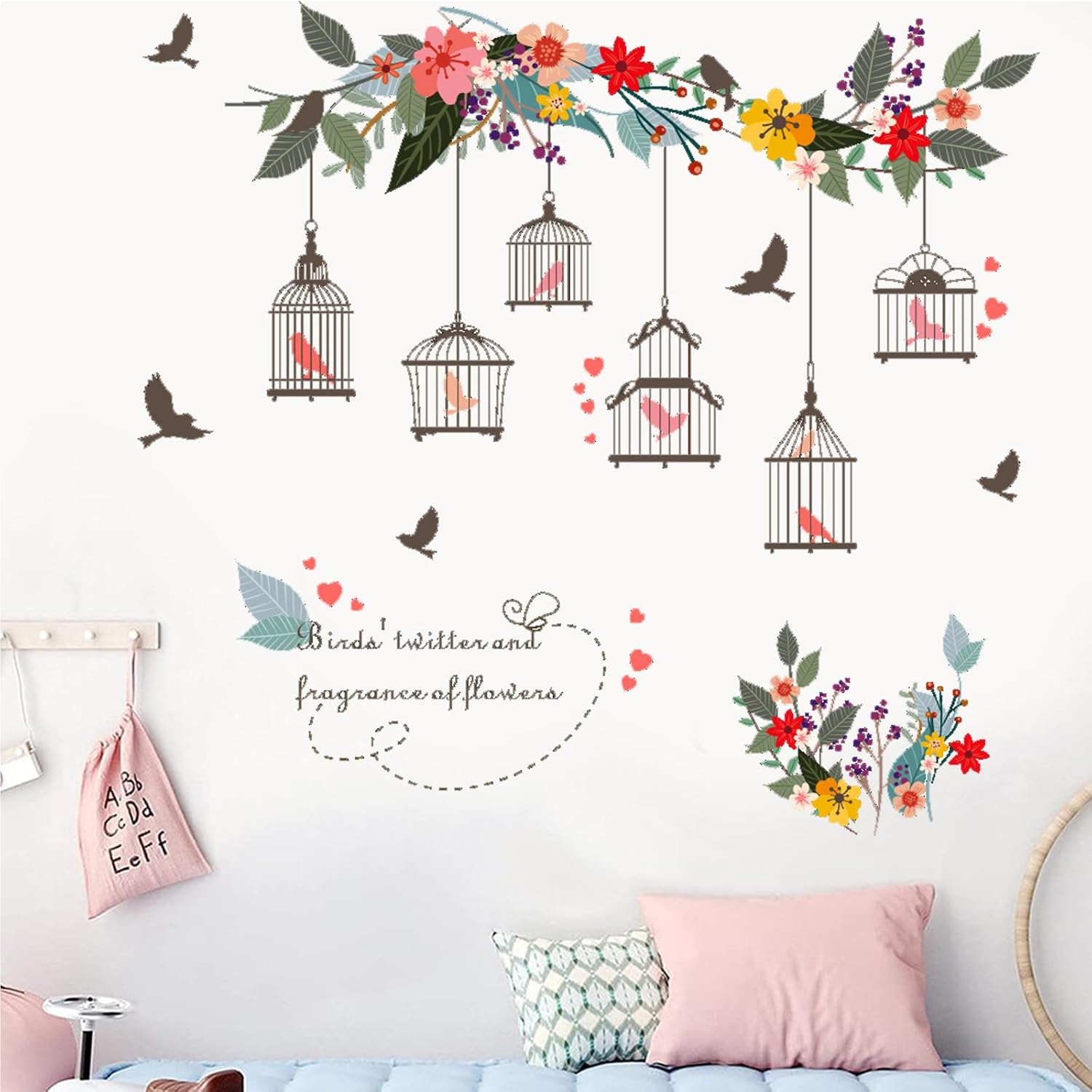 Green Plant Wall Stickers, Tropical Rainforest Monstera Leaf Decal Natural Palm Leaves Nordic Green Leaf Plants Banana Leaf Bird Wall Mural Bedroom Living Room (Green Palm Tree)