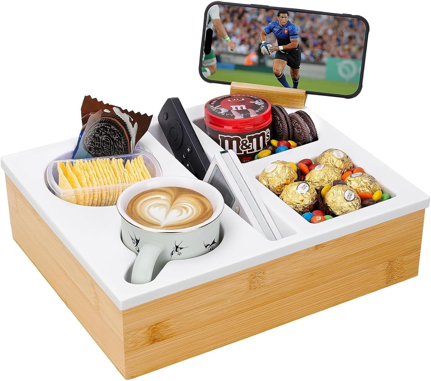 Bamboo Couch Cup Holder Tray 6-In-1 Snack Box Couch Caddy with Rotatable Phone Stand for Sofa Bed Car Seat Organizer, Waterproof Anti-Spill Silicone Drink Holder Tray for Snacks Beverage Remote image number 5