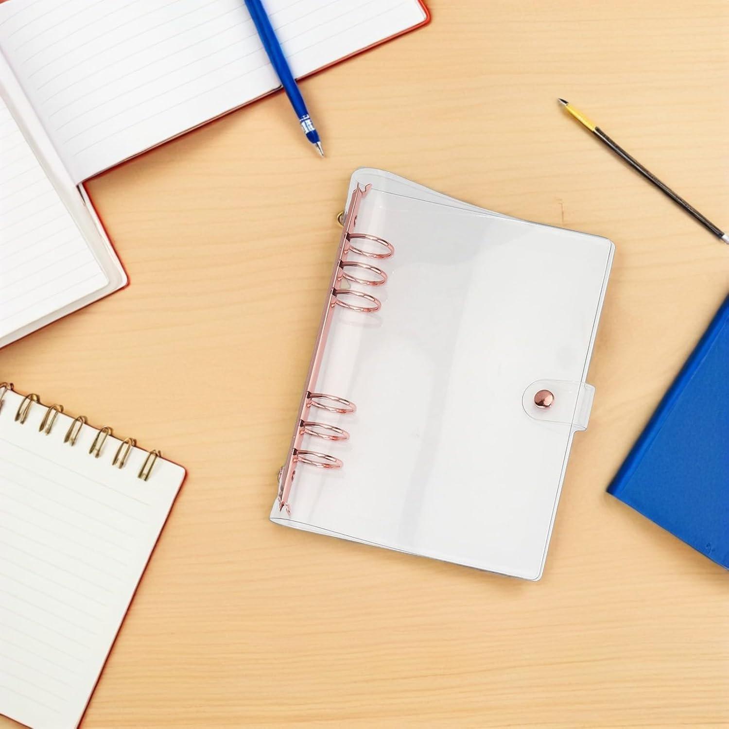 SHERCHPRY A5 Loose-Leaf Notebook Cover 6-Ring Binder PVC Rose Gold Refillable Notepad Cover Portable for Student Office Supplies image number 6