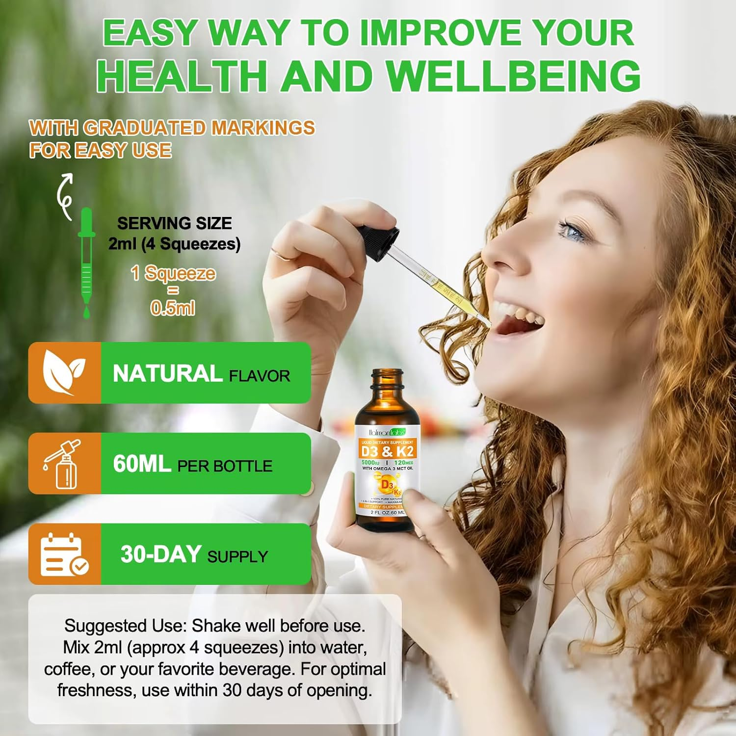 Vitamin D3 K2 Liquid Supplement 60Ml | 2-In-1 Supplement | Vitamin D3 5000 IU with K2 (MK-7) 120 Mcg | Vitamin D & K Supplement for Bone and Calcium Support | Fast Absorption image number 5