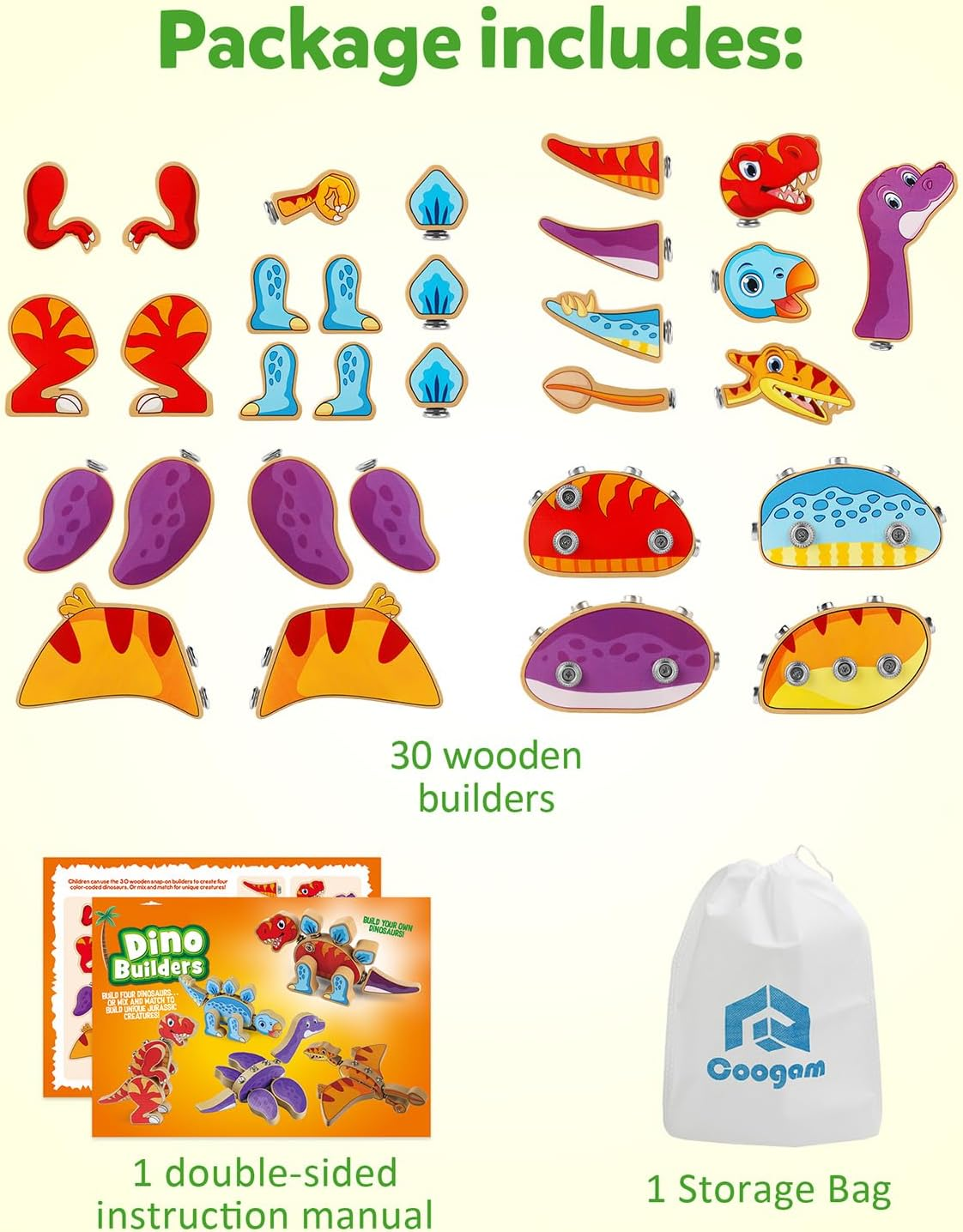 Coogam Dinosaur Building Block Set, Wooden Snap-Connection Dinosaur Builders, STEM Take Apart Dino Playset, Fine Motor Skill Educational Learning Toy Gift for 3 4 5 Years Old Kids
