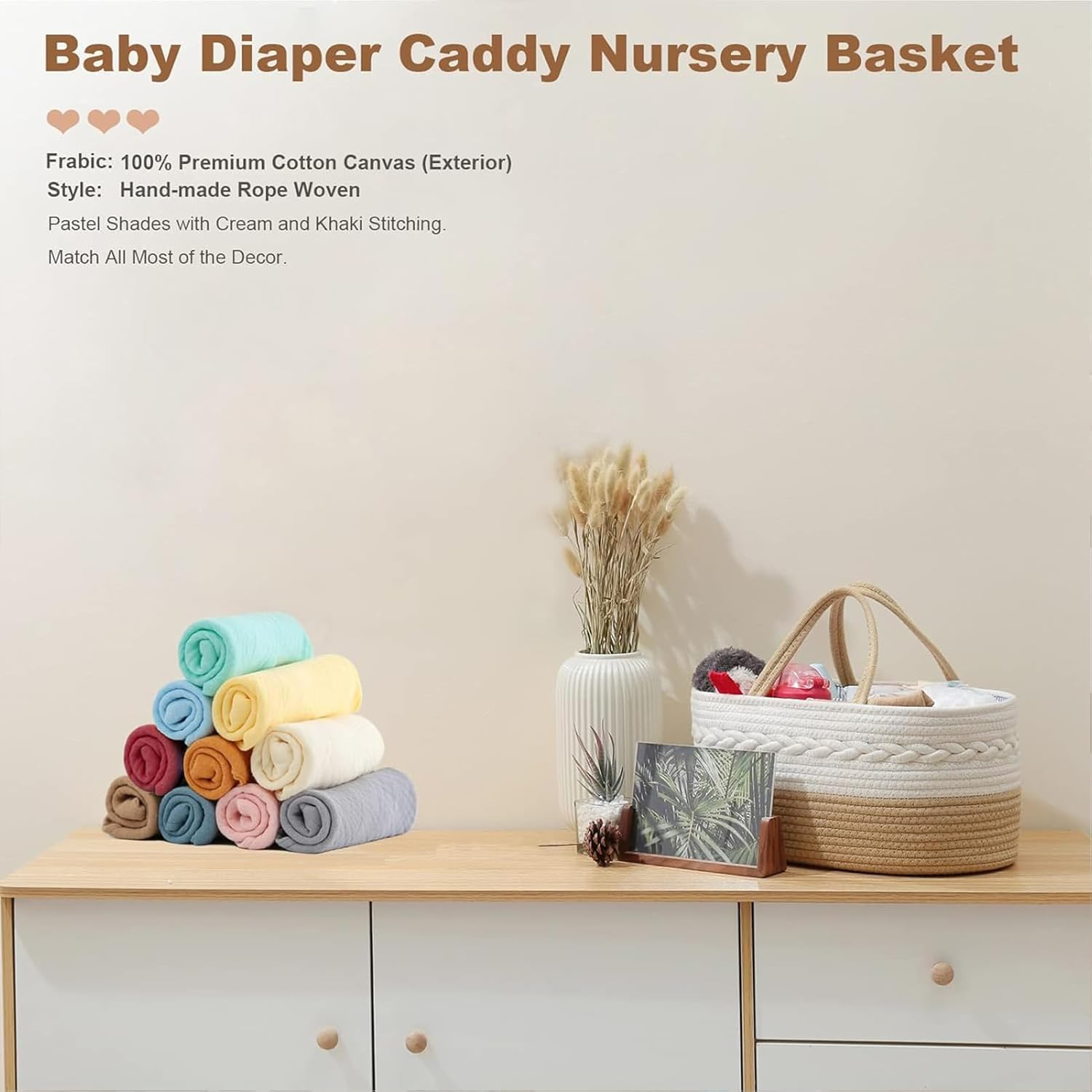 Diaper Caddy Organizer for Baby, Cotton Rope Baby Gift Basket, Portable Diaper Organizer for Changing Table, Diaper Nursery Storage Organizer for Baby Stuff, Baby Shower Gifts for Newborn image number 6