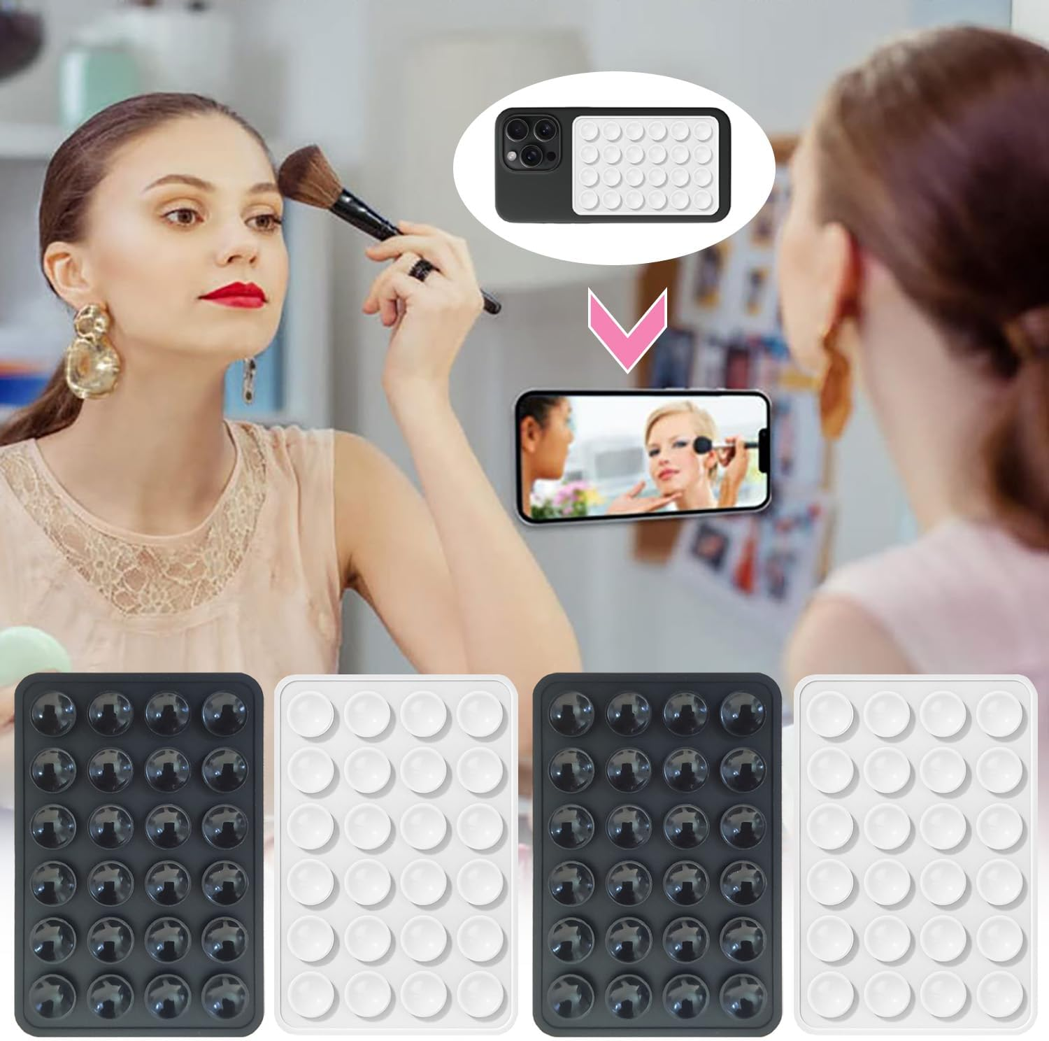 Mobile Phone Suction Cup, Silicone Suction Cups for All Mobile Phone Models, 4 Non-Slip Mobile Phone Holders for Selfies and Videos, Hands-Free, Durable and Easy to Use (2 Black + 2 White) image number 1
