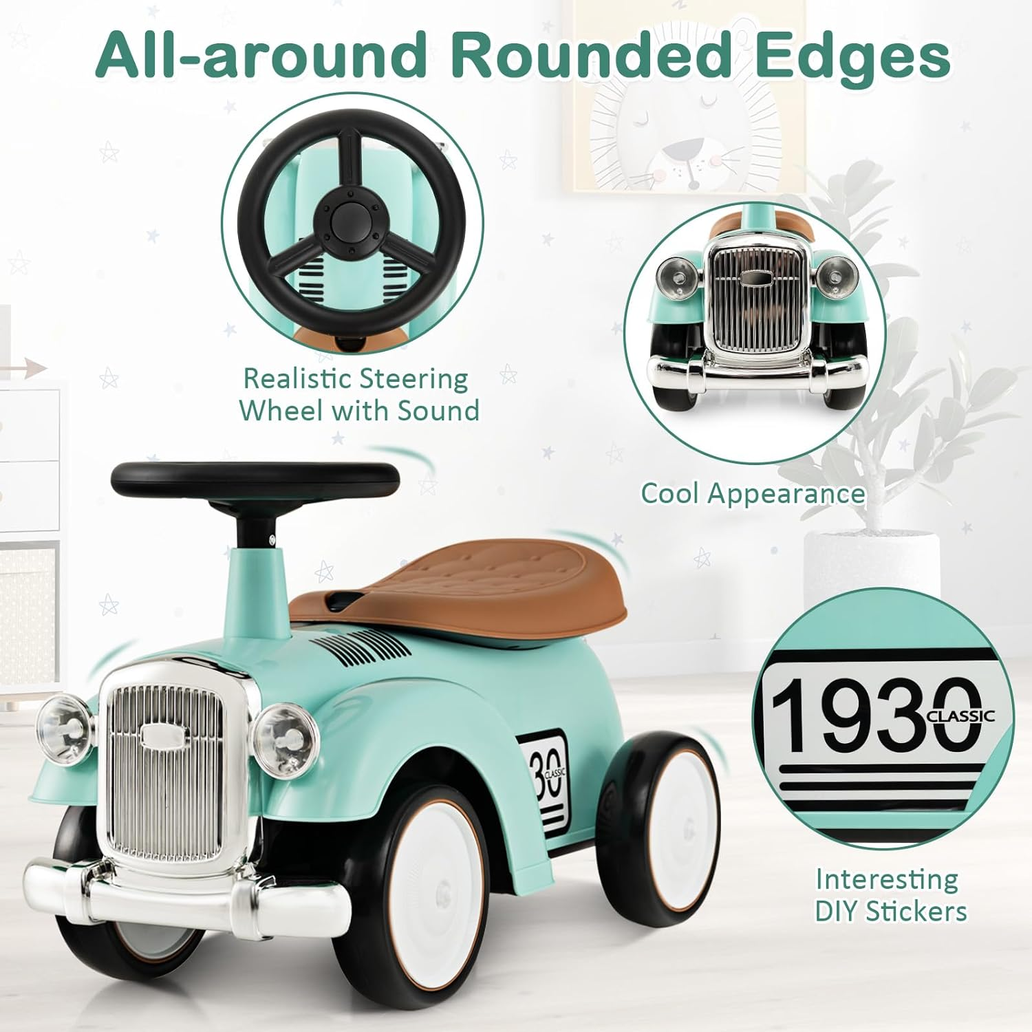 HONEY JOY Retro Kids Ride-On Toy, Kids Vehicle Toy W/Working Steering Wheel, under Seat Storage & Large EVA Wheels, Foot to Floor Riding Car with Fun DIY Stickers, for Boys Girls 18-36 Months (Green)