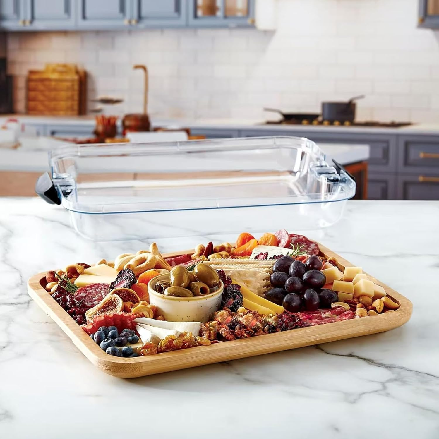 Charcuterie Board with Built-In Compartments and Clear Locking Lid with Black Handles - Perfect Charcuterie Board and Snack Tray for Parties and Entertaining, 11X14 Inches image number 2