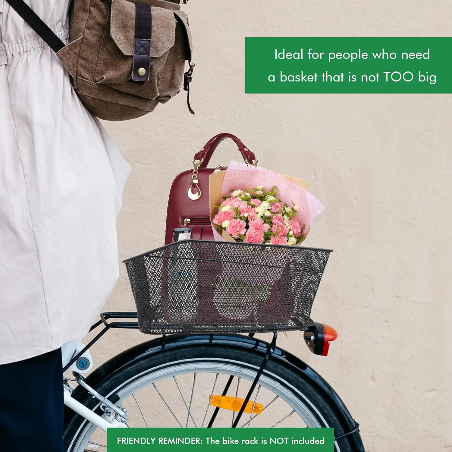 MATTISAM Bike Basket Rear, [Tool-Free Install], Bike Rack Basket for Pet, Metal Wire Bike Cargo Basket, Bicycle Basket for Back of Bike, with Waterproof Cover, Cargo Net image number 3