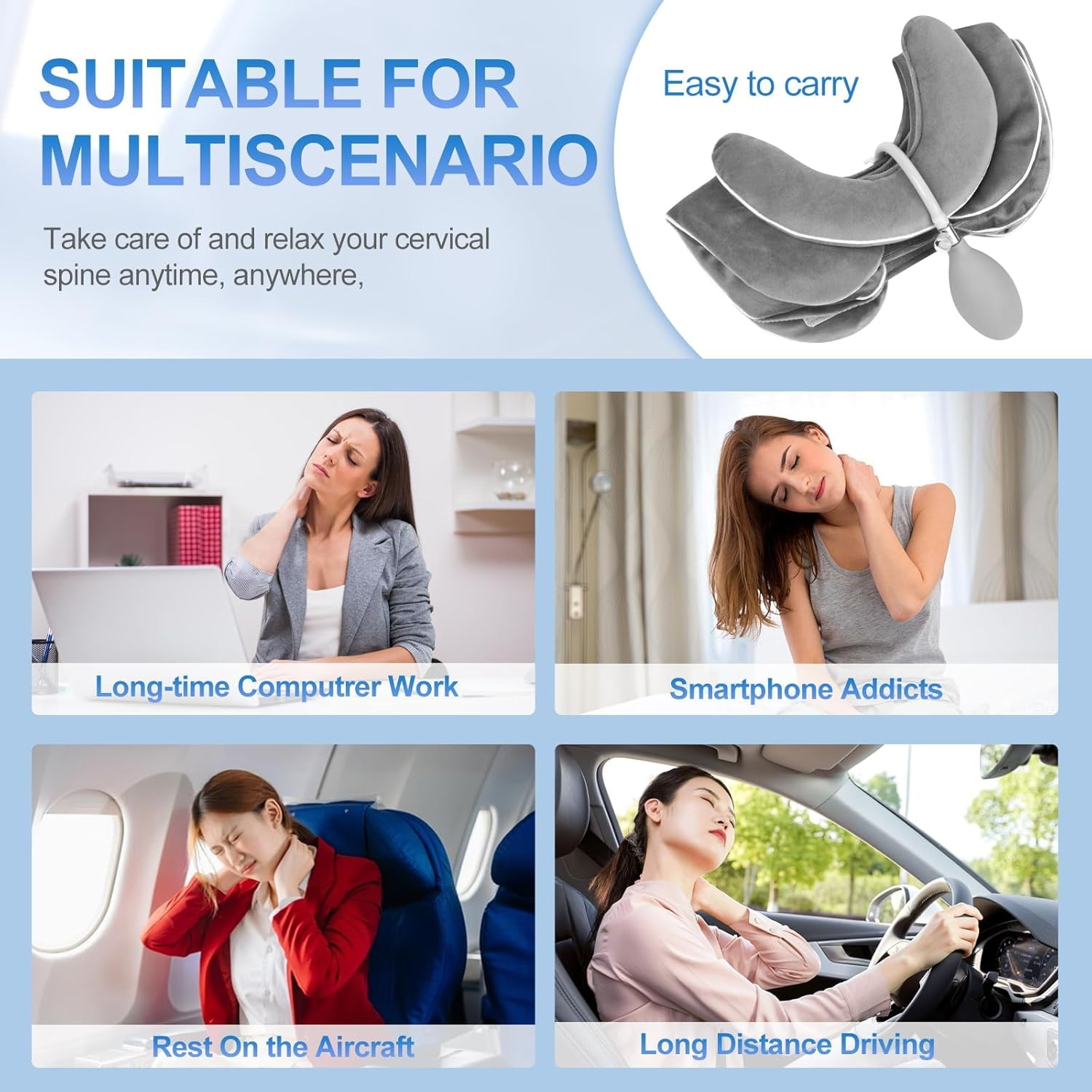 RAFSUN Inflatable Neck Stretcher with Brace - Adjustable Cervical Traction Device for Neck Pain Relief, 3-Layer Decompression Pillow, Washable & Breathable, for Men & Women, Grey image number 4