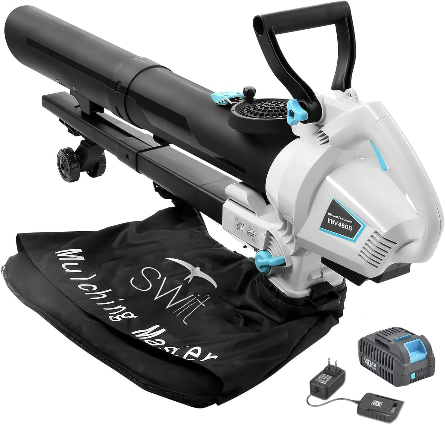 RB 3-In-1 Battery Leaf Blower and Mulcher, 40 V Blower/Vacuum Cleaner with 12 L Collection Bag, on Wheels, 35:1 Shredding Ratio with Battery and Charger image number 4