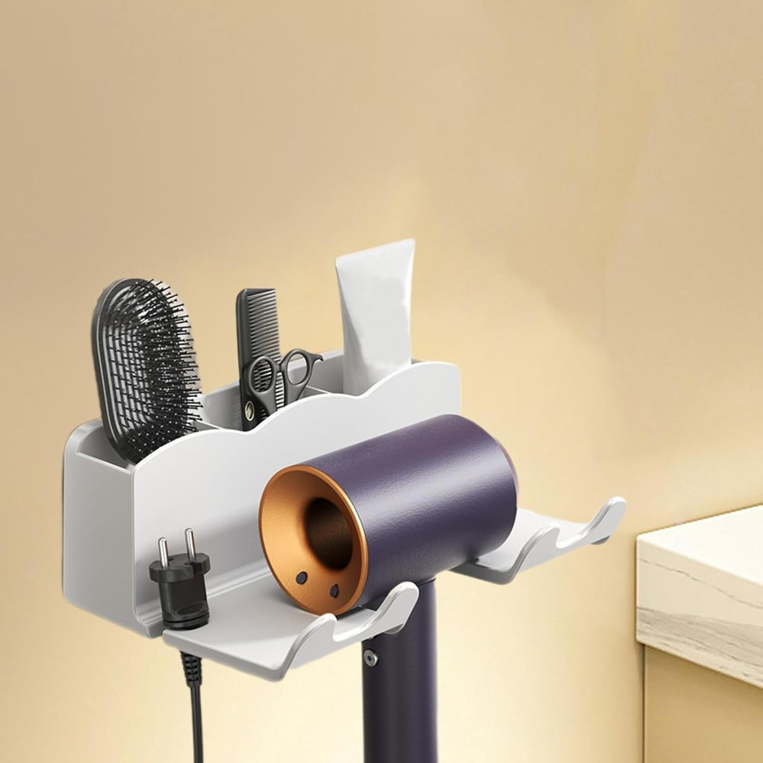 Hair Dryer Wall Holder -Spoildryer Stand | Blow Dryers Hanger | Storage Rack Hand Blower | Adhesive Bathroom Organization Blow Drier Hanger, Head Tool Organizer, Wall Mounted Storage Organizer, Drill - White image number 3