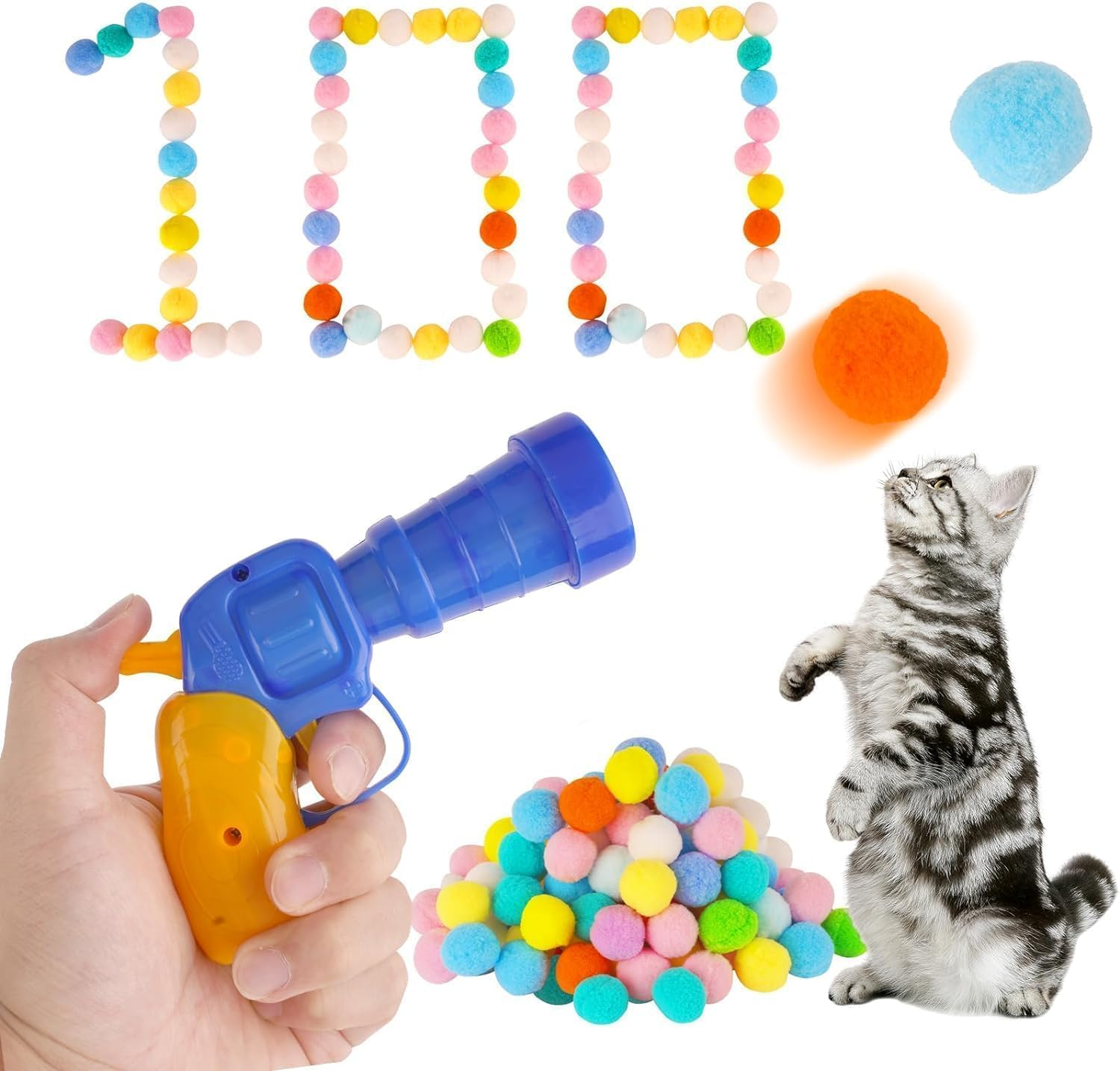 Cat Toy Balls, 100Pcs 1.2Inch Cat Pompom Ball and 1 Cat Ball Toy Launcher, Colorful and Soft Interactive Cat Balls, Active Cat Exercise Toys for Indoor