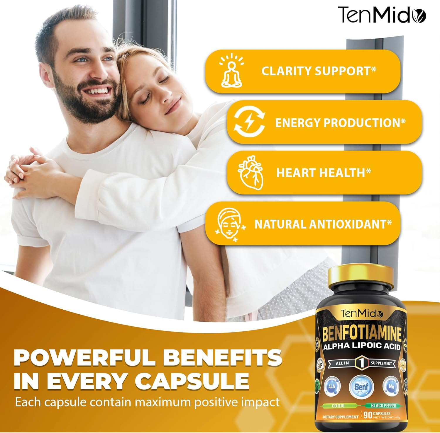Benfotiamine with Alpha Lipoic Acid (ALA), Coq10, Magnesium Glycinate & B-Complex Supplements - High Absorption - 90 Vegan & Non-Gmo Capsules image number 5