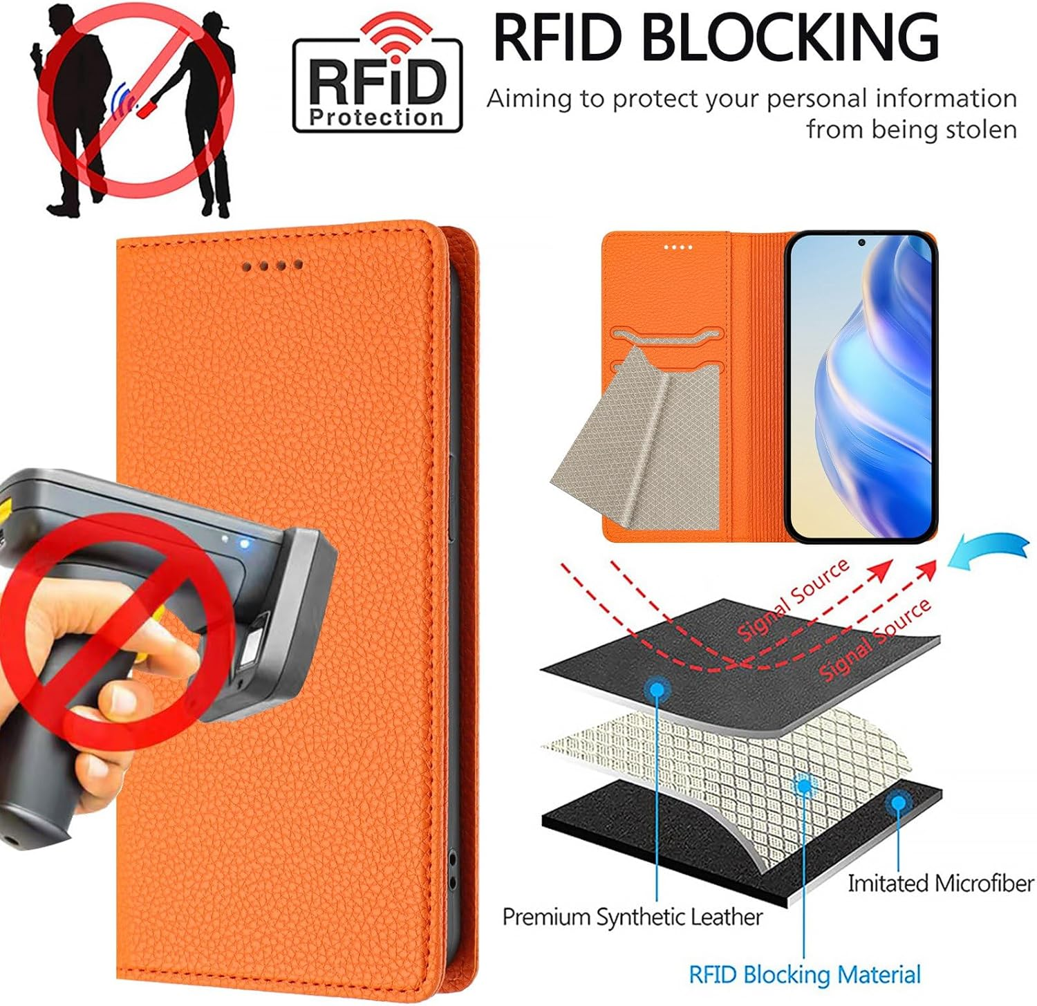 QIWEIQING Mobile Phone Case for Iphone 17 Pro Leather Case Foldable Flip Case Magnetic Card Slot Stand Function Flip Case Protective Cover for Iphone 17 Pro Orange YBZ image number 7