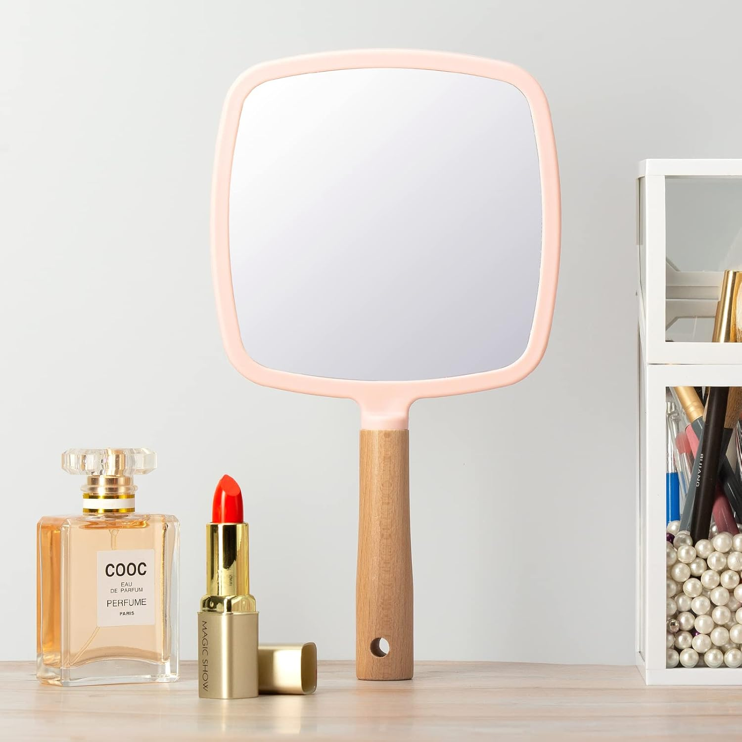 YEAKE Hand Held Mirror with Handle for Makeup,Small Cute Wood Hand Mirror for Shaving with Hole Hanging Single-Sided Portable Travel Vanity Mirror for Men&Women(Square,Pink,1Pack) image number 7