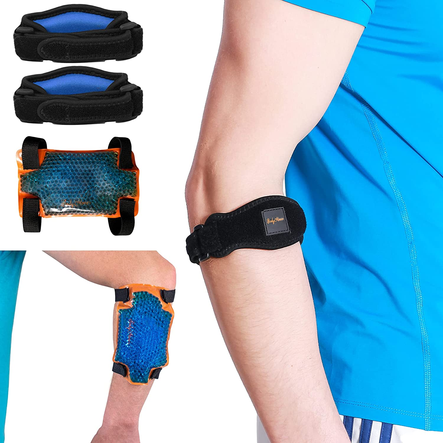 Bodymoves Tennis Elbow Brace (2 Pack) plus Hot and Cold Gel Pack (Active Blue)
