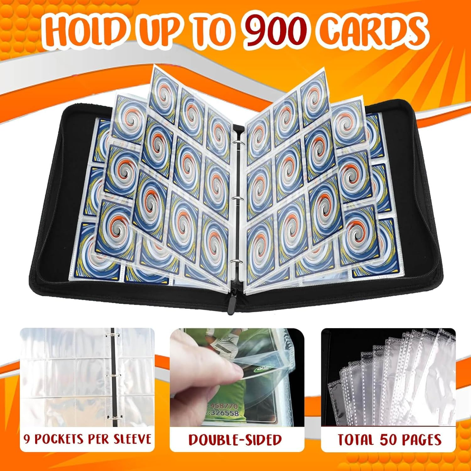 900 Pockets Card Binder Album - Card Holderwith 50 Removable Sleeves for Standard Size Cards 4 Pocket TCG Trading Card Binder Display Storage Carrying Case image number 4