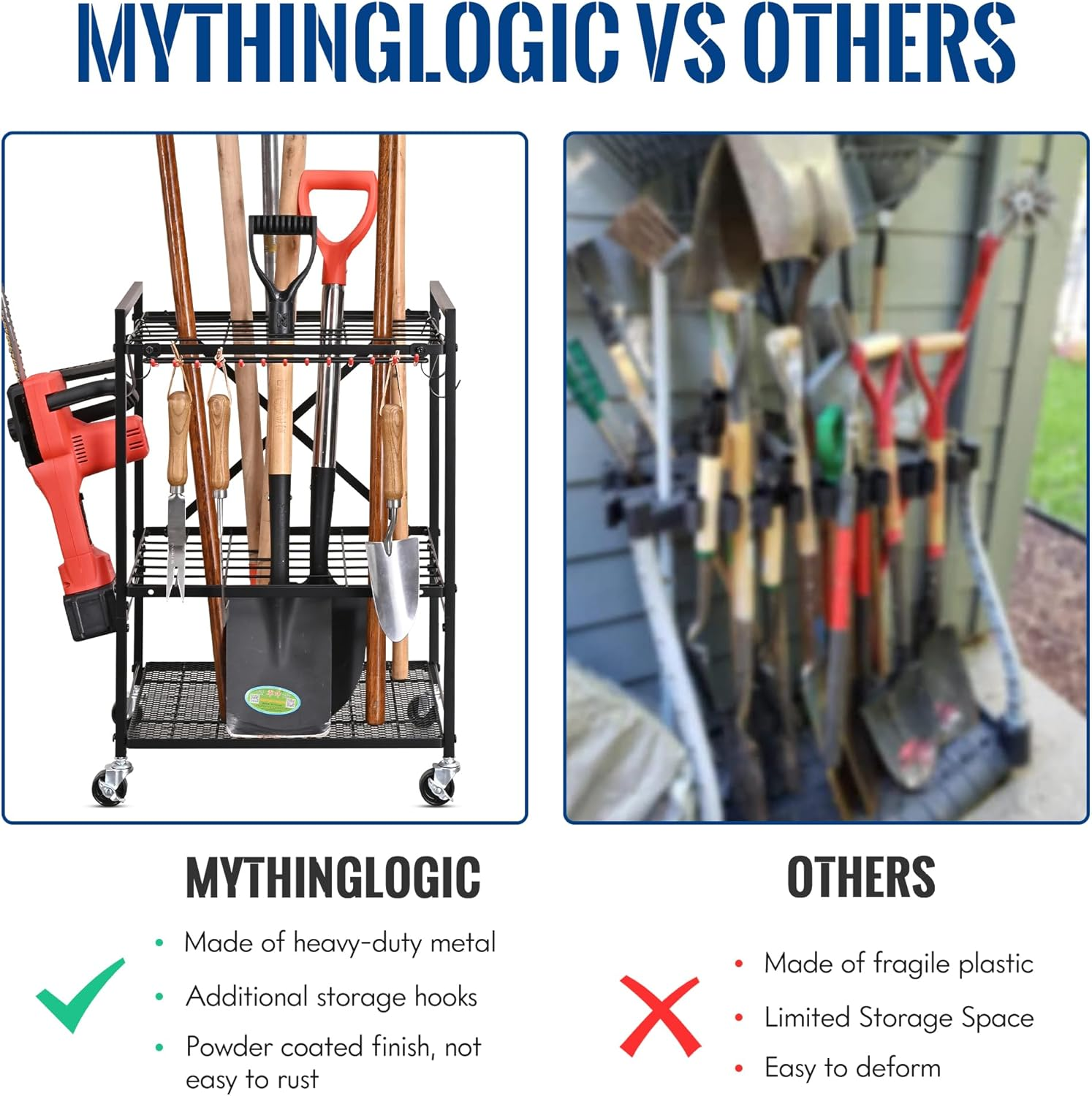 Mythinglogic Garden Yard Tool Organizer for Garage with Wheels, Yard Tool Racks Garage Organizers and Storage,Tool Holder for Garage Yard Shed, Garden Tool Stand image number 4