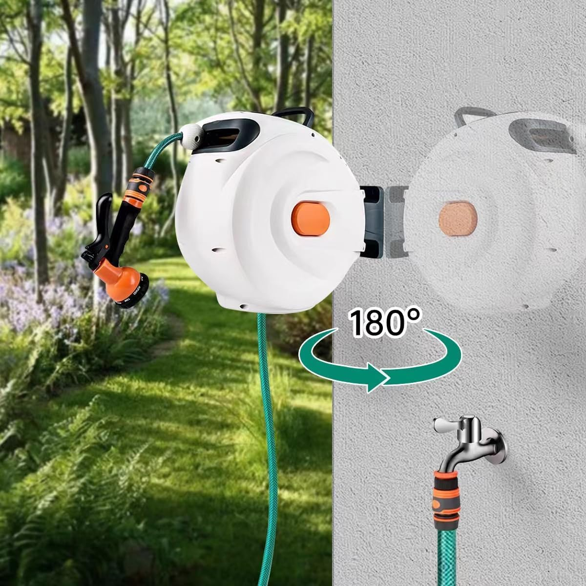 Retractable Garden Hose Reel,20M Garden Hose Reel Wall Wounted,Self-Locking System/Auto Rewind/Wall Loumted/180&deg;Swivel Bracket/Multi-Function Spray Nozzle for Garden Lawn Garage Watering
