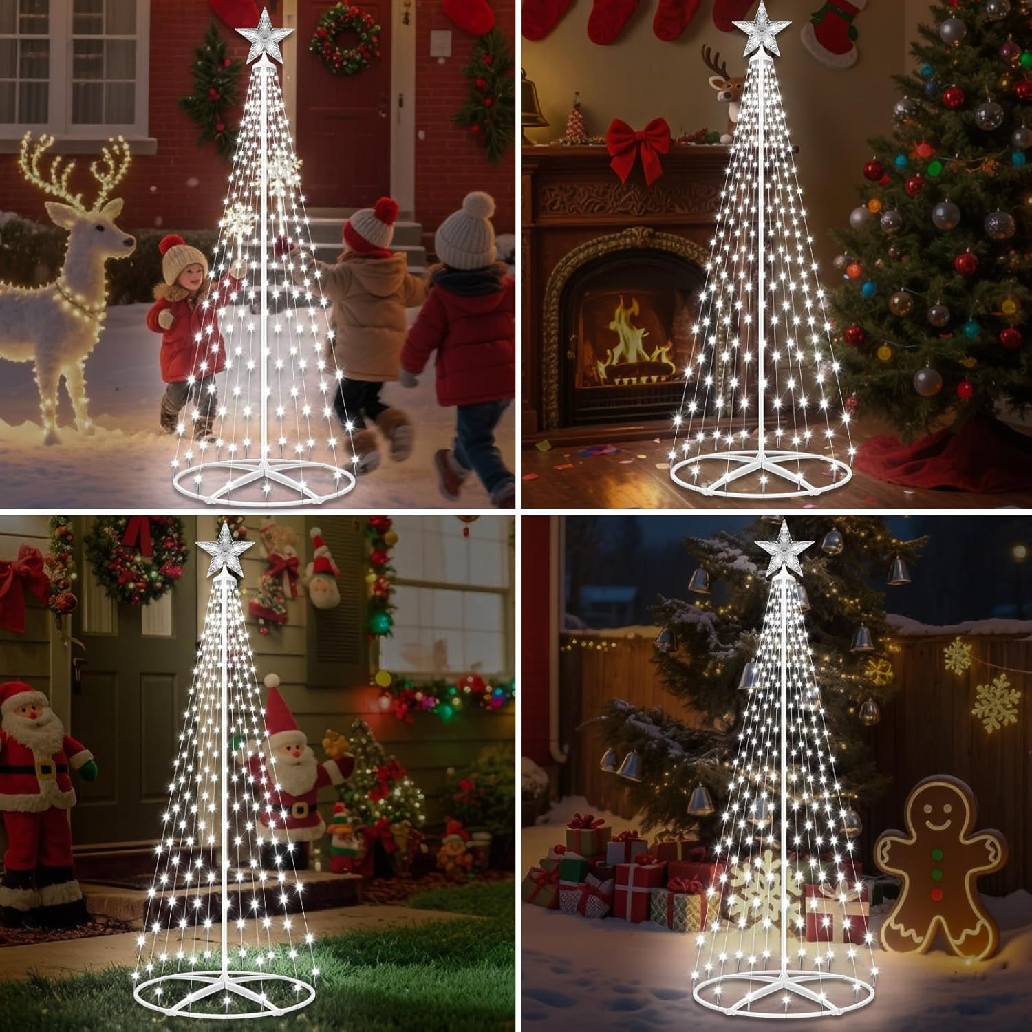 Outdoor Solar Christmas Cone Tree Lights,1.5M 202 LED Christmas Tree Lightshow with 8 Modes Timer Remote, Lighted Artificial Tree USB Charge for Xmas Yard Porch Patio Party Holiday Decor, Cold White image number 4