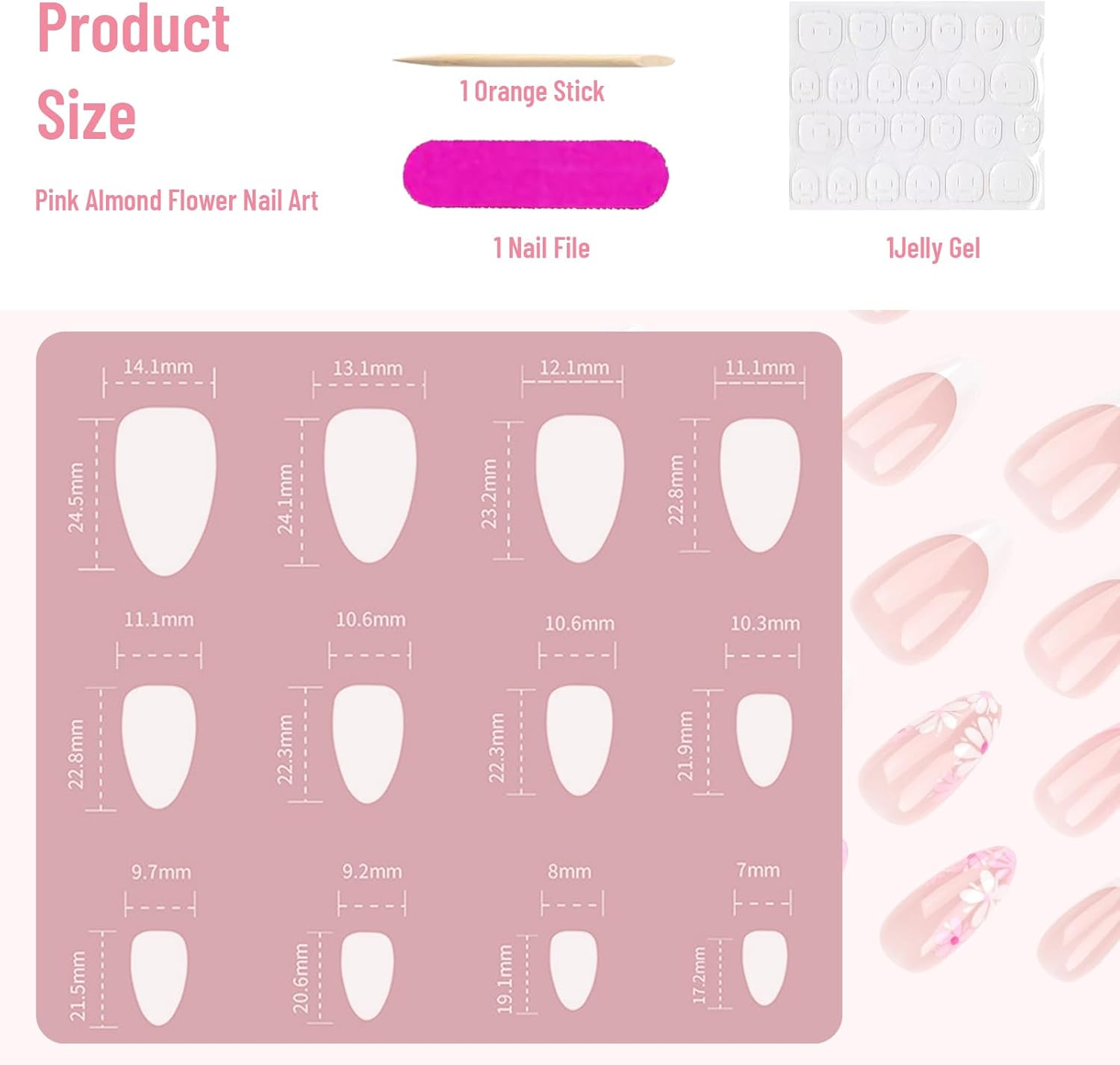 Charmburst Pack of 24 Medium Almond Shape Press on Nails, Flower Design Sticker Nails, French Style with Shine, False Nails, False Nails, Stick on Nails image number 2