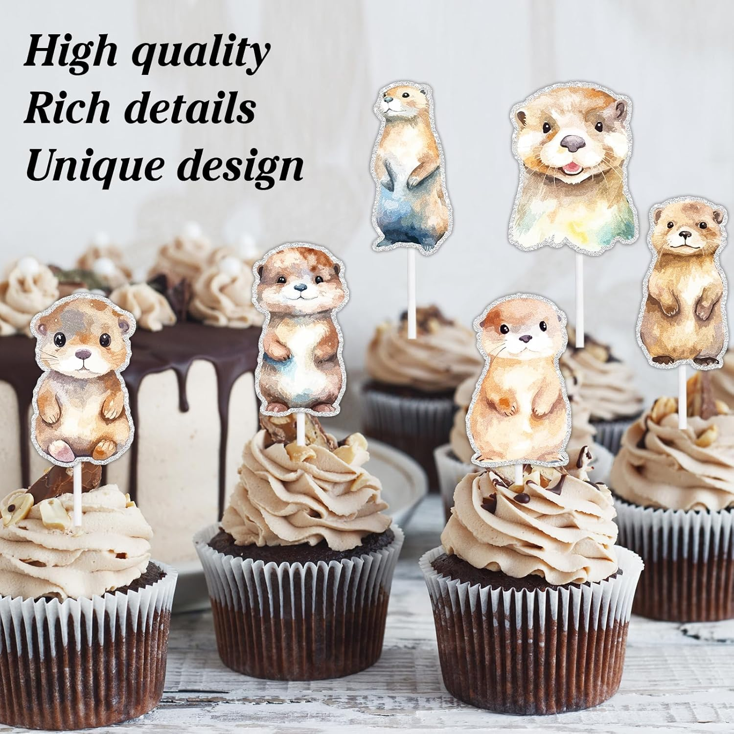 18Pcs Cute Cartoon Otter, Sea Otter Animal Them Happy Birthday Cupcake Decorations Set - Perfect for Boys Girls Birthday Party, Baby Shower, Animal Theme Party Kawaii Zoo Decoration Supplies - LIANGSS