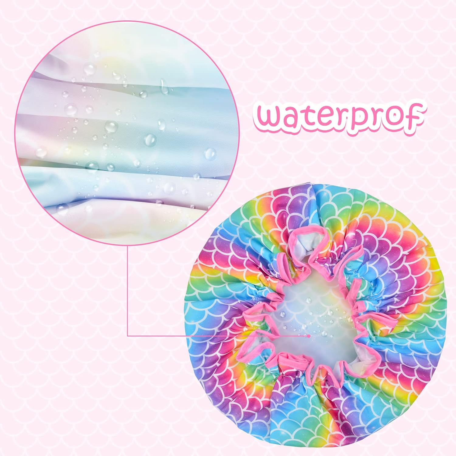 3 Pcs Kids Shower Caps for Girls - Cute Rainbow Hair Cap with Wide Elastic Band, Plastic Reusable Waterproof Toddler Bath Cap, Large for Women (Mermaid) - Rainbow image number 4