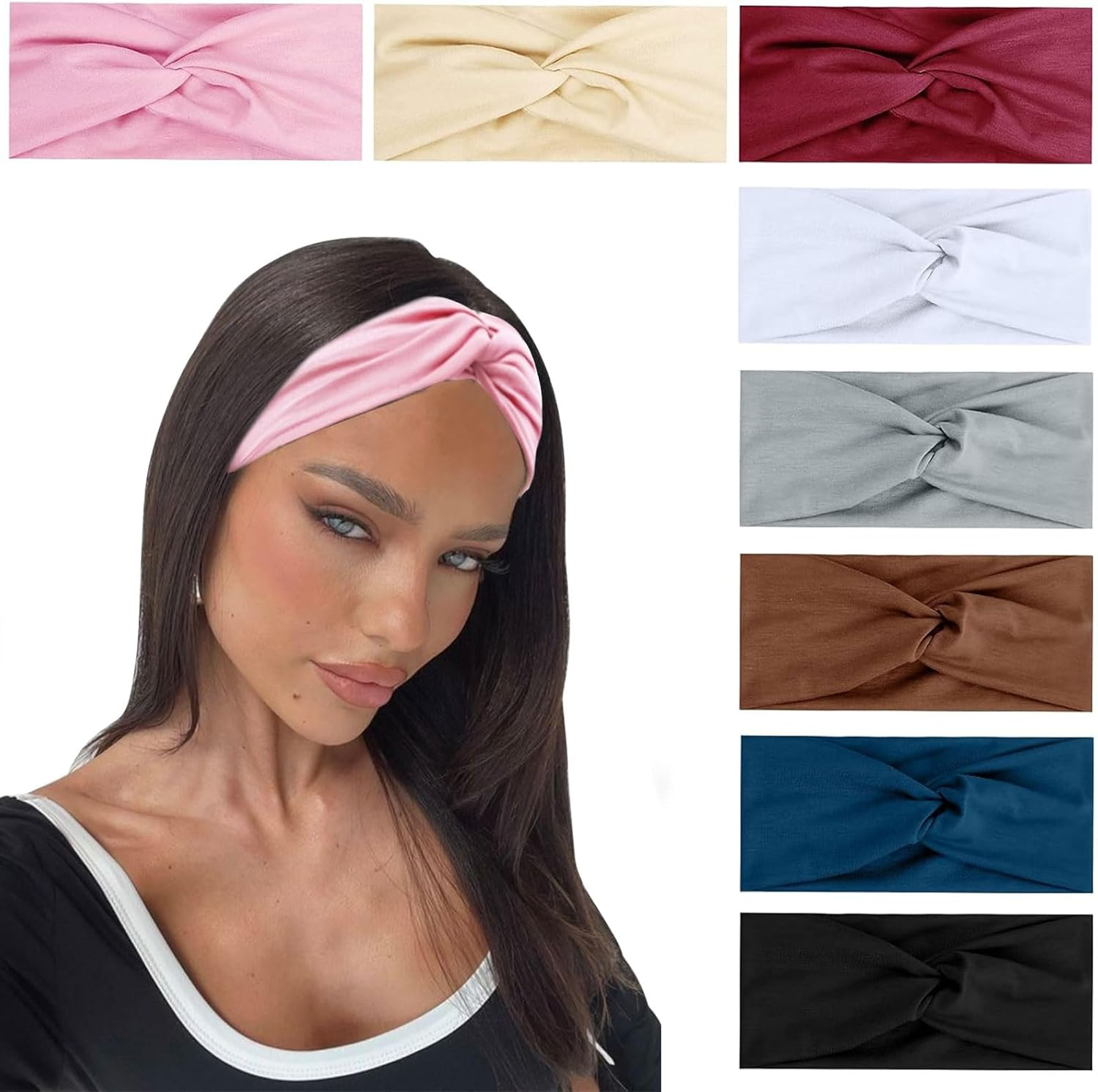 Nayyana 8 Pieces Boho Turban Headbands Wide Hair Band for Hair Non-Slip Twisted Headbands Headscarves Short Hair Stretchy Thick Fashion Hair Accessories image number 1
