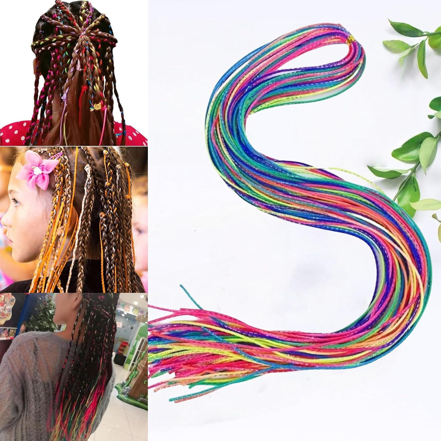 Treayes 30Pcs Colorful Hair Braiding Rope Strings for Rainbow Hair Wrap Cords for Braids, Rainbow Rope Strands, Colored Hairs Wrap Braided Ponytail image number 5