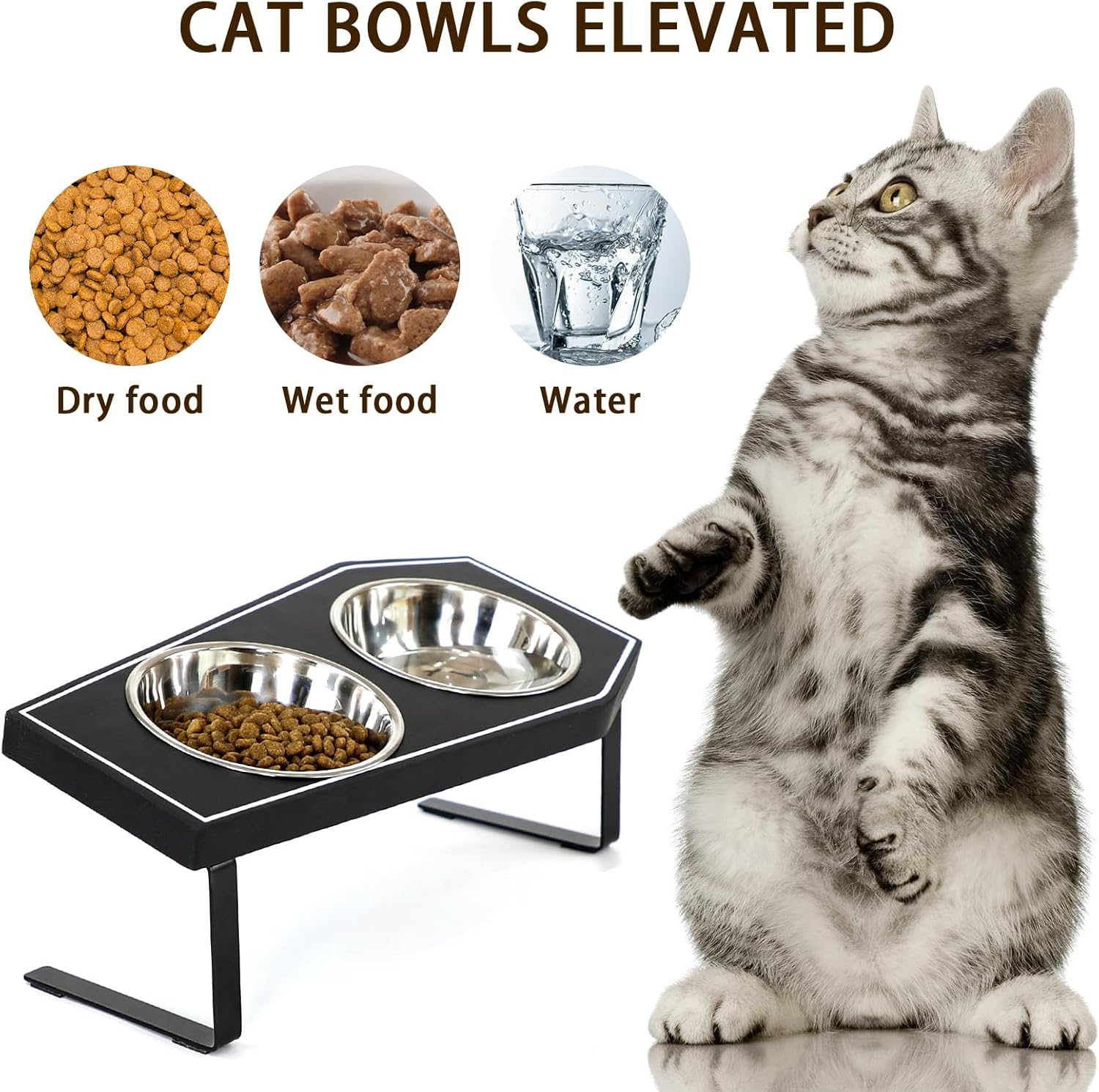 Cat Food Bowls Elevated, Gothic Cat Bowls, Raised Cat Bowls for Indoor Cats with Non-Slip Stand & Wood Board, Stainless Steel and Whisker Friendly Food Bowls image number 3
