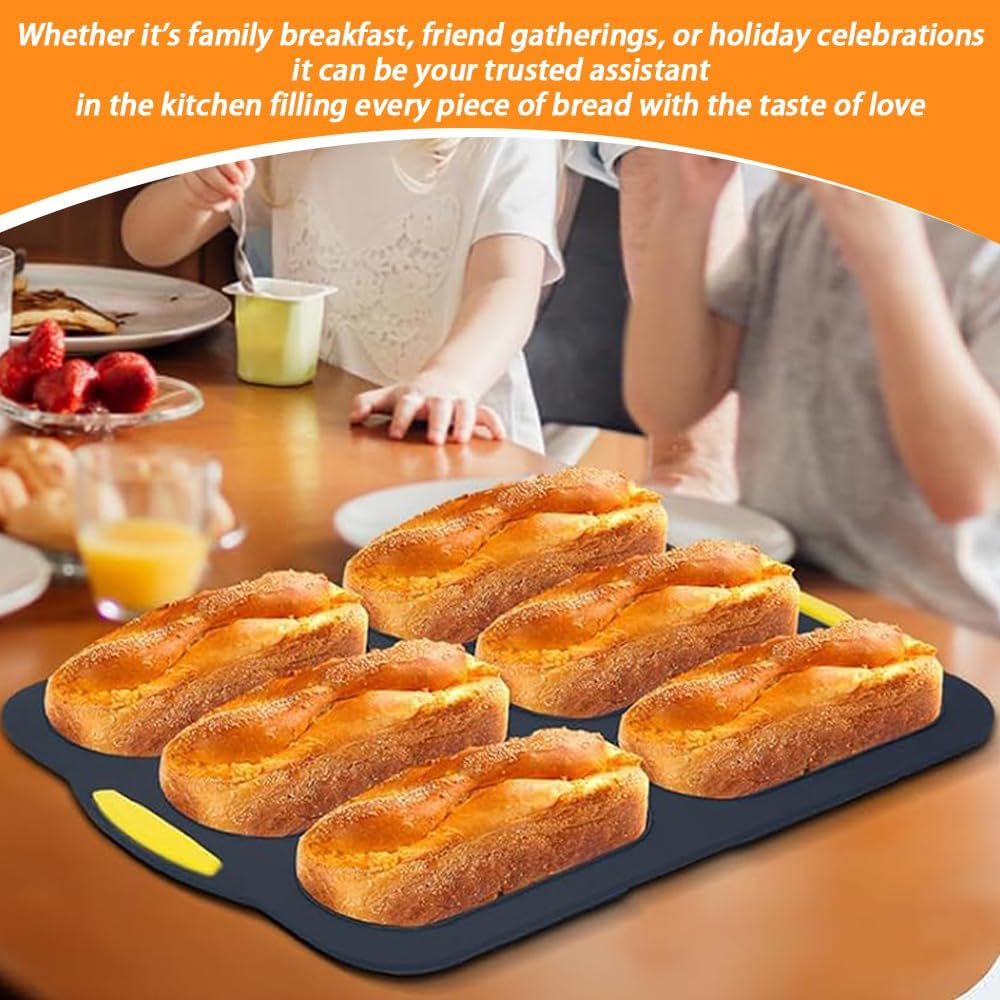 Baguette Pan,Loaf Pan,Silicone Bread Loaf Pan,French Bread Pan,Hot Dog Bun Mold,With Comfort Grip for Kitchen Baking, Open Hole Silicone Baking Mold,Grey and Yellow image number 5