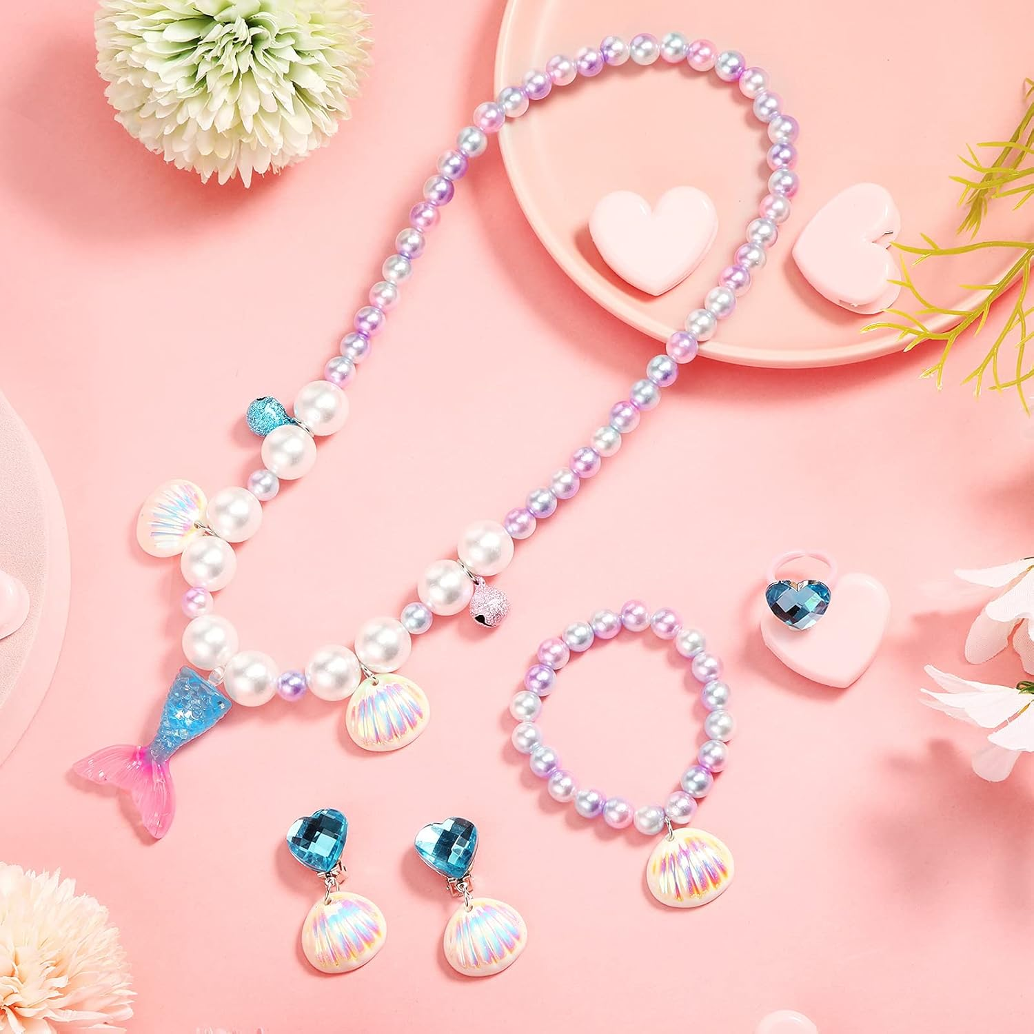 Mermaid Necklace Bracelet Set Mermaid Jewelry Kit Included Shell Necklace Bracelet Ring Earrings Organza Bags for Mermaid Party Costume Jewelry Supplies - Blue image number 4