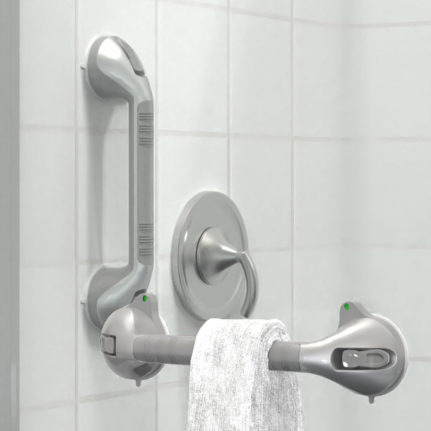 17&ldquo; Suction Shower Grab Bar with Indicators, Tool-Free Installation, Steady Handle for Balance Assist for Bathtub, Toilet, Bathroom, Dual Tone, Silver/Gray 2-Pack image number 1