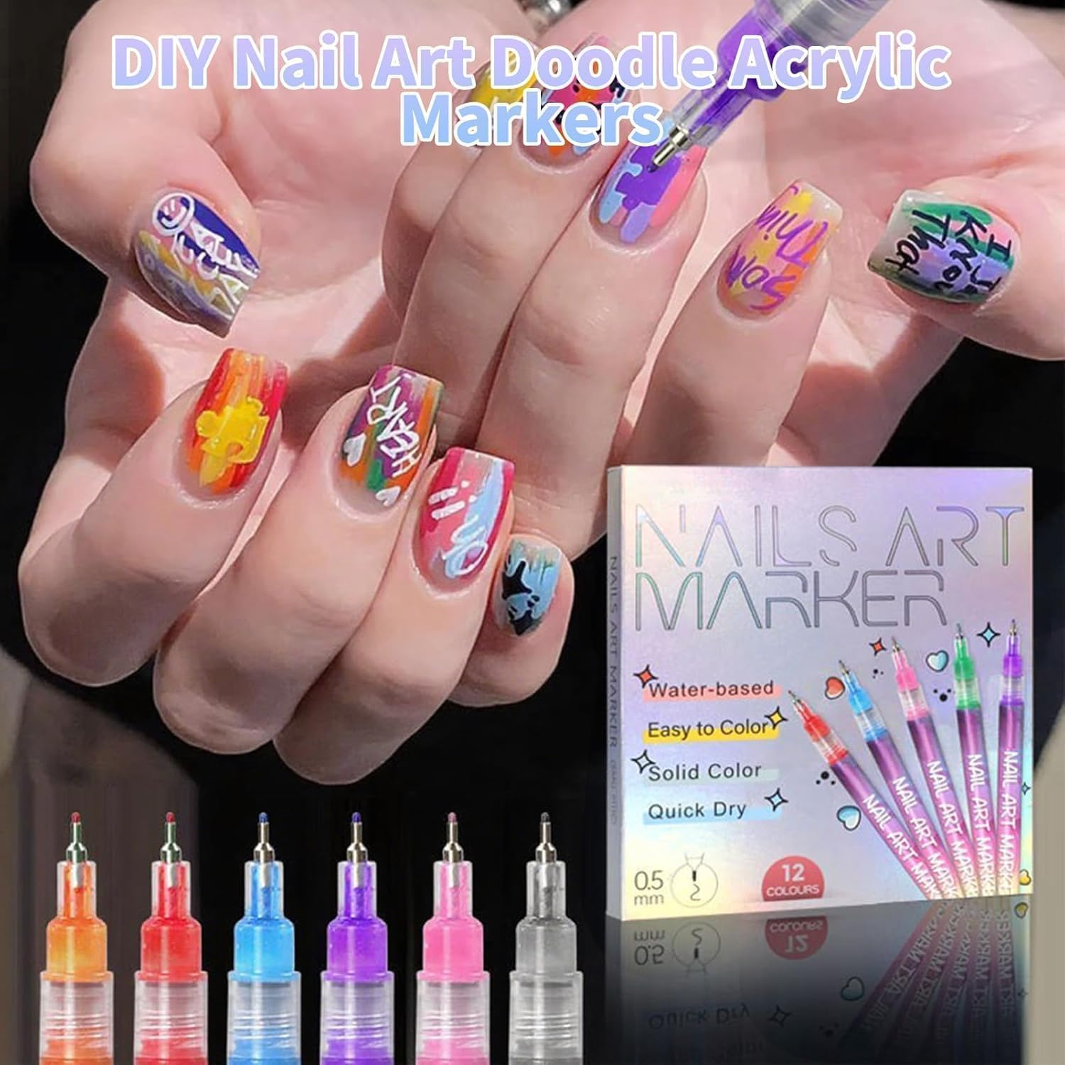 Afeamo Nail Art Markers Fine Tip, 12 Colors Nail Art Pens Set,Entiretotal 12 Colors Nail Art Pens Set,Quick Dry Nail Pens, Drawing Painting Liner Pen 3D Nail Polish Pens Quickly Dry Nail Art Nail DIY Decoration image number 1