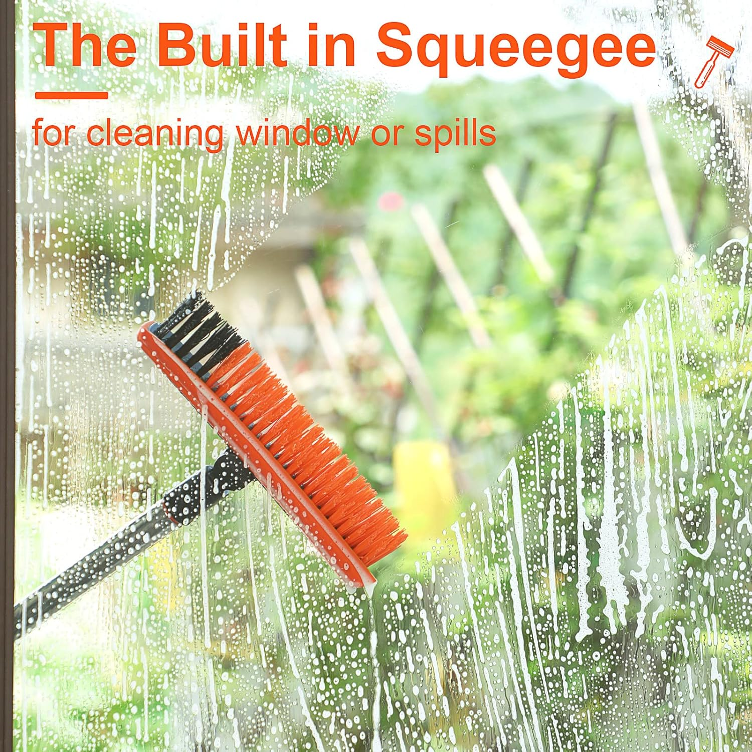 Homilifibra 2 in 1 Floor Scrub Brush Grout with 57.8'' Long Handle,120&deg;Rotatable Shower Tile Scrubber,Kitchen Bathroom Crevice Squeegee,V-Shaped Corner for Hard to Reach Areas Black&Orange - Blue image number 4