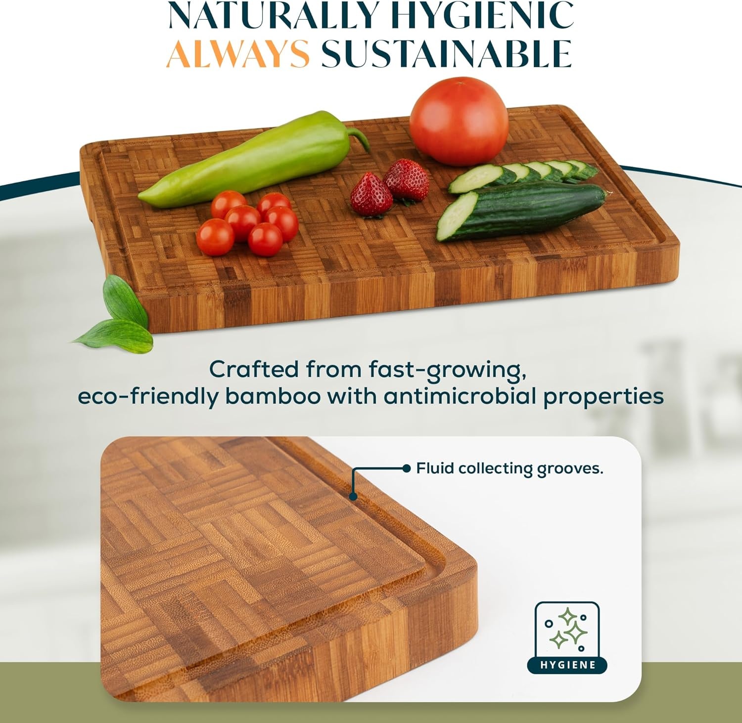 Cactus and Cubby Wooden Chopping Board. Crafted End Grain Bamboo Cutting Board. Premium Deep Carbonised Finish. Large (45 X 30 X 3Cm). Butchers Block. Juice Grooves. Side Handles. Serving Tray. image number 3