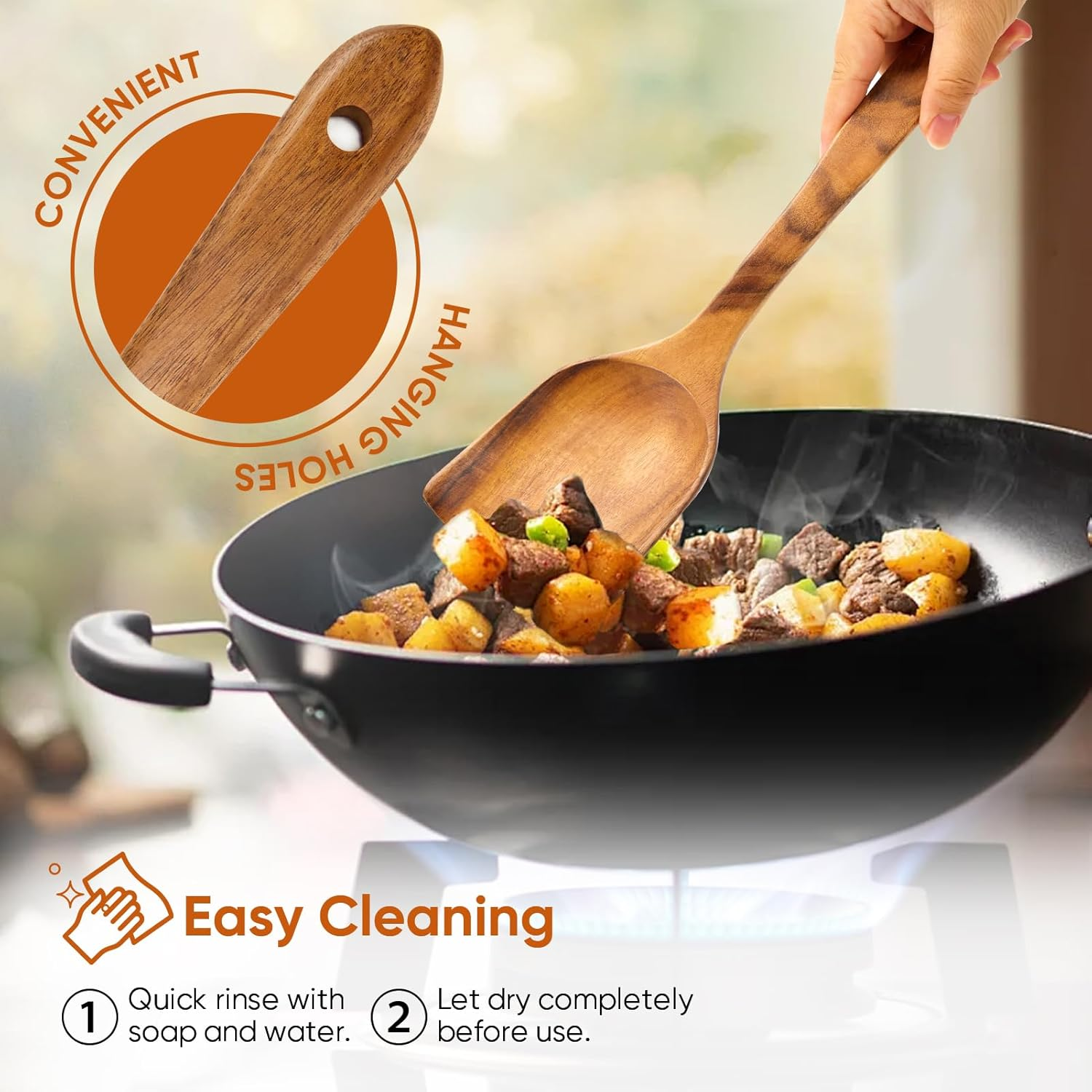 XMYYX 6 Piece Teak Wooden Cooking Utensils, Wooden Spoons, Non-Stick, Scratch-Free, Easy to Clean image number 1