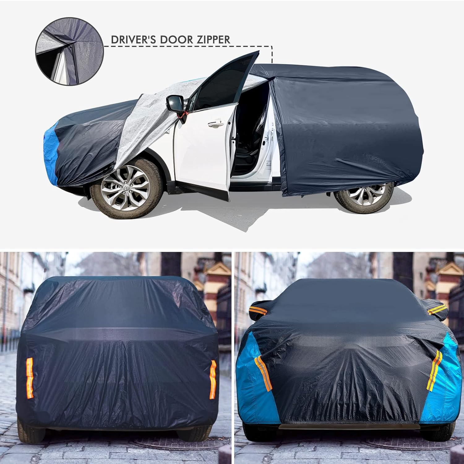 Car Cover Waterproof All Weather for Automobiles, 6 Layers Outdoor Full Exterior Cover Rain Sun UV Snowproof Protection with Zipper Cotton, Mirror Pocket for SUV (185-190 Inch) image number 7