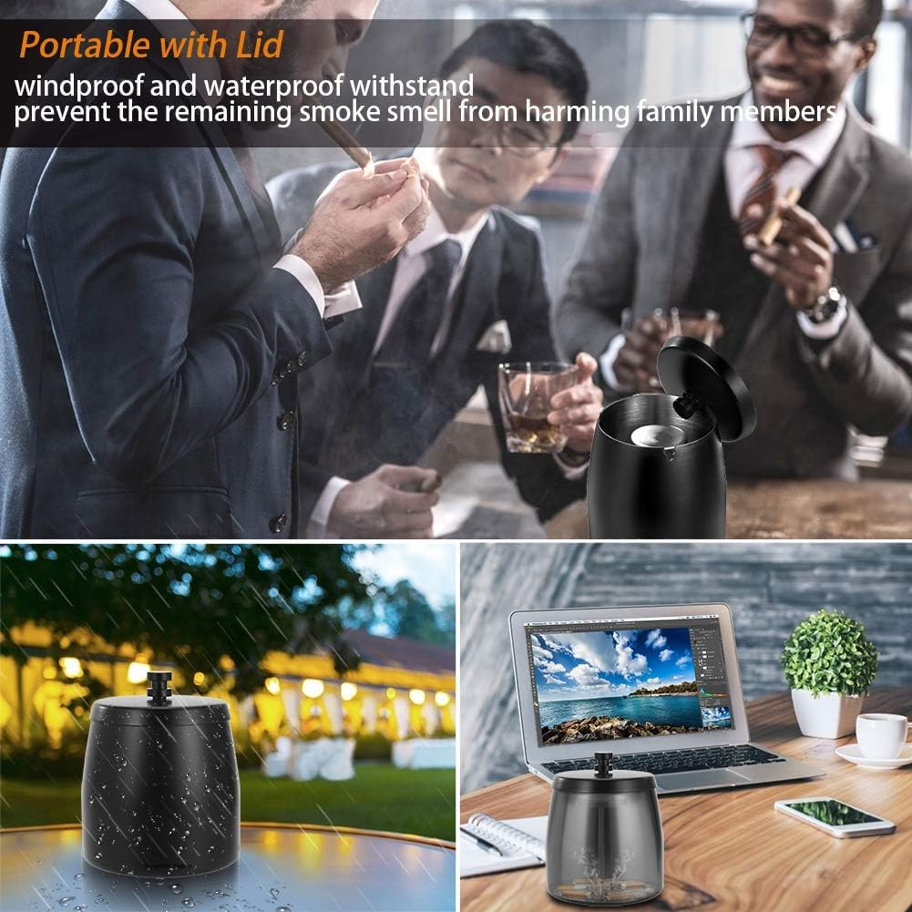 Large Outdoor Ashtray with Lid, Black Stainless Steel, High Capacity Smokeless Design, Windproof Covered, Odor Proof for Patio Home Office Tabletop image number 4
