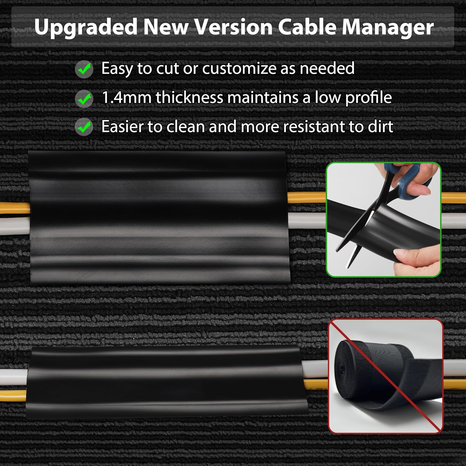 8.2Ft Cord Cover Floor, PVC Cord Covers for Wires on Floor, Soft Floor Cable Cover Cord Hider, Floor Cable Management Cable Protector for Commercial Office Carpet/Floors/Wall Black image number 3