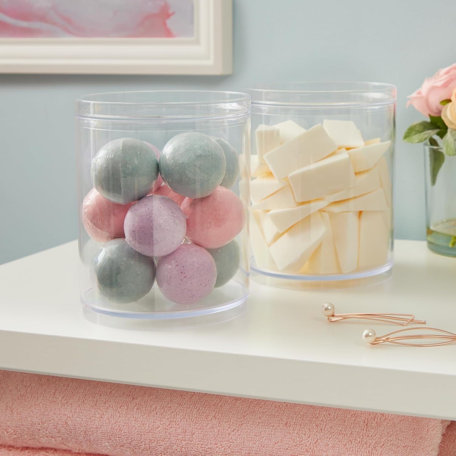 Stori Bella 2-Piece Stackable Clear Tall Plastic Container Set | round Vanity Storage Organizers with Lids for Hair Accessories & Beauty Supplies | Made in USA image number 5