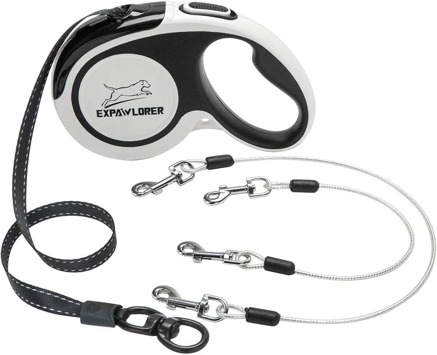 EXPAWLORER Retractable Double Dog Leash - Chew Proof, 2 No Tangle Strong Wire Ropes, 16 Ft Heavy Duty Walk Leash for Medium & Large Dogs (Black & White)