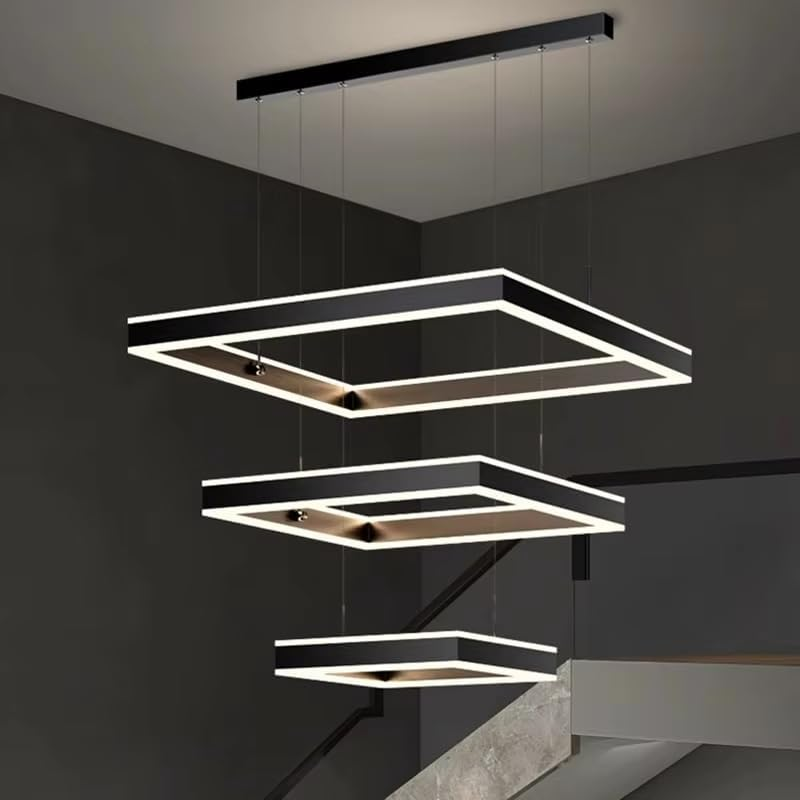 BAMDECOR A18882/3A 3 Rings Black Modern Minimalist Square Pendant Light Adjustable LED Chandelier for Bar, Dining Room, Office image number 5