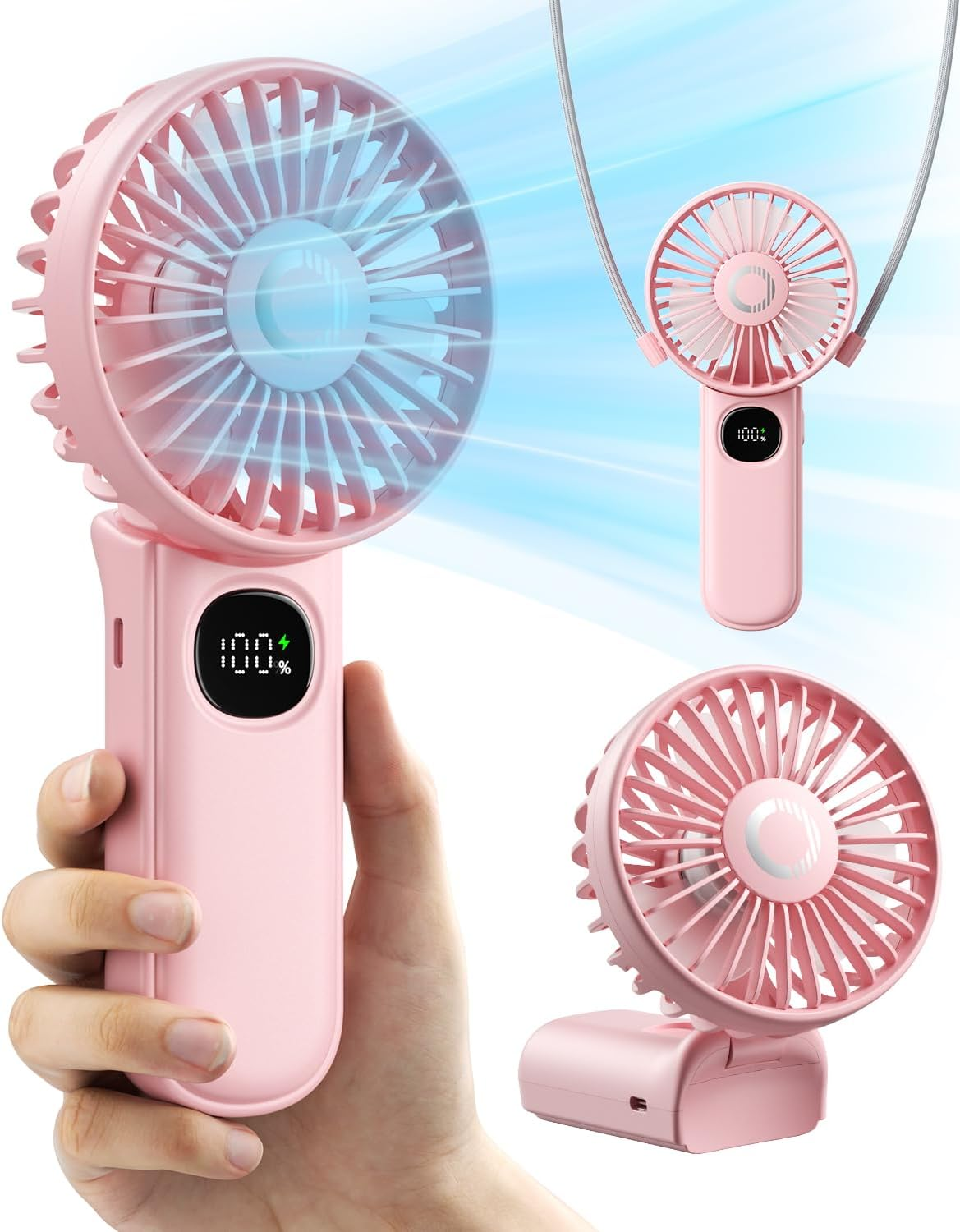 Handheld Fan, Foldable Portable Fan with LED Display, 3000Mah Battery Operated Mini Hand Held Fan, Handheld/Neck/Desk 3 in 1 Personal Small Fan for Eyelash Makeup Travel Beach Outdoor Black