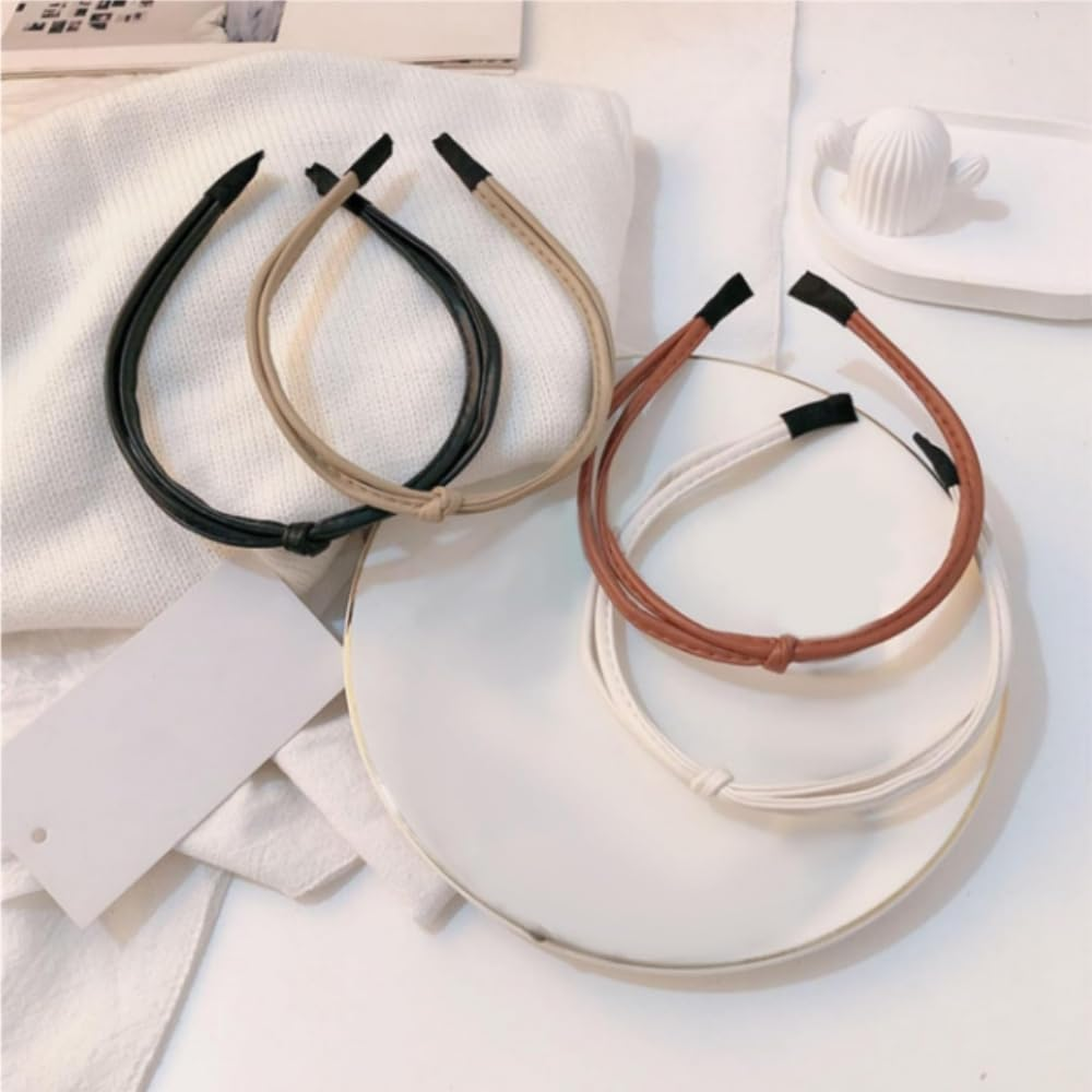 5 Cute Leather Knotted Hair Bands, Portable Thin Braid Fashionable and Simple Knotted Anti-Slip Leather Hair Bands, Suitable for Washing Face, Headwear, Etc(5 Colors) image number 3